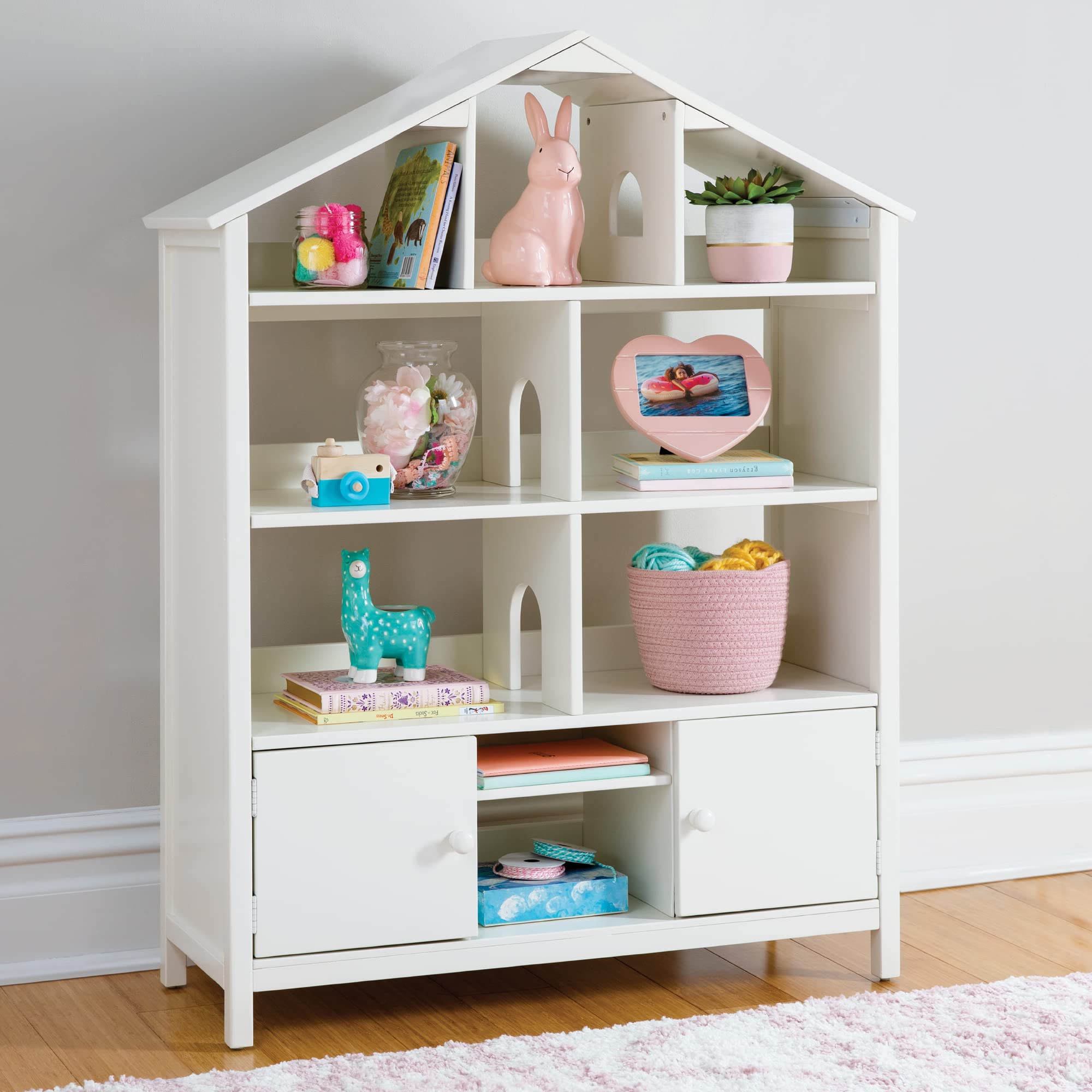Martha Stewart Kids Jr. Dollhouse Bookcase - Creamy White Wooden Organizer with 2 Storage Shelves for Books, Toys & School Supplies | Perfect for Kids Bedroom, Playroom & Nursery Decor (Ages 3-8)