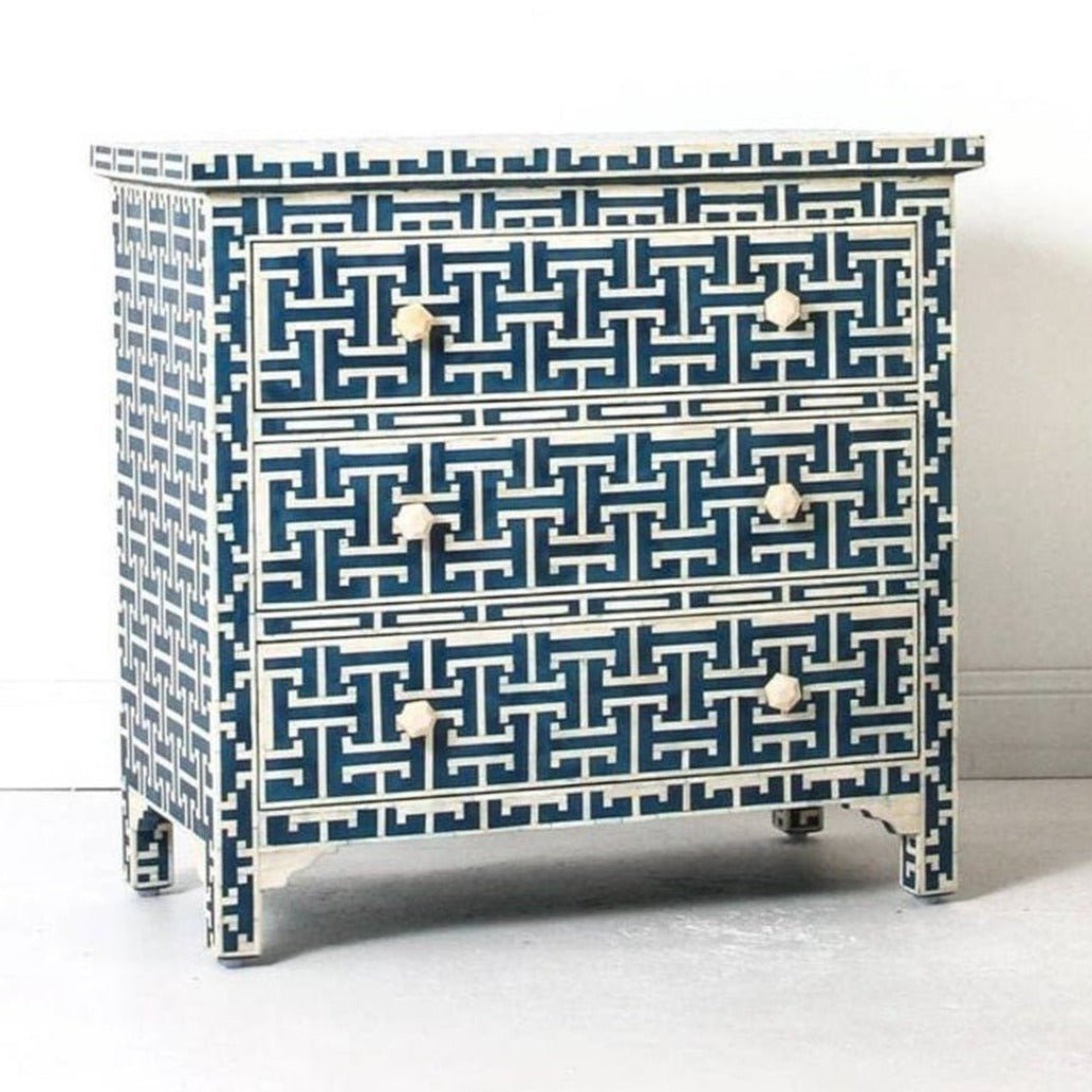 Handmade Bone Inlay 3-Drawer Dresser - Vintage Blue Wooden Chest for Bedroom Storage & Home Decor | Perfect for Master Bedroom, Guest Room & Apartment Organization
