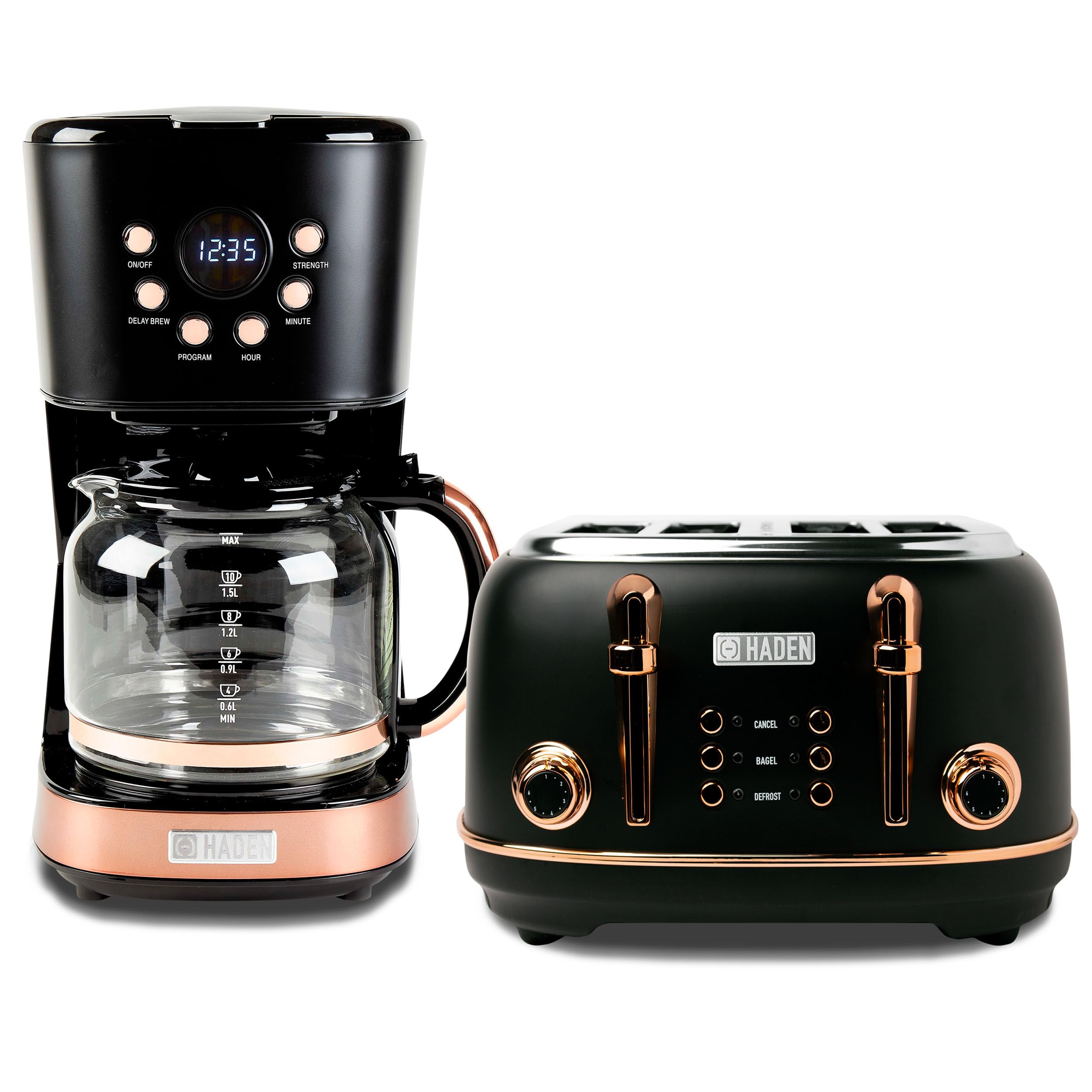Haden Heritage 4-Slice Wide Slot Stainless Steel Toaster with 12-Cup Programmable Drip Coffee Maker - Black & Copper - Perfect for Breakfast & Kitchen Countertop