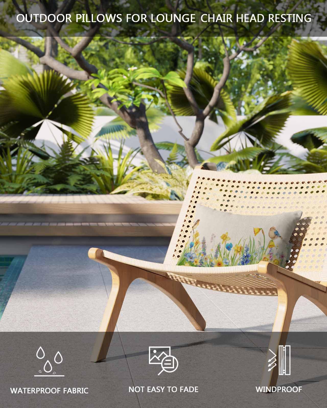 Outdoor Lumbar Pillow Set of 1 - Waterproof Spring Floral Beach Headrest Cushion with Inserts - Farmhouse Birds Summer Botanical Throw Pillow for Patio Furniture (11