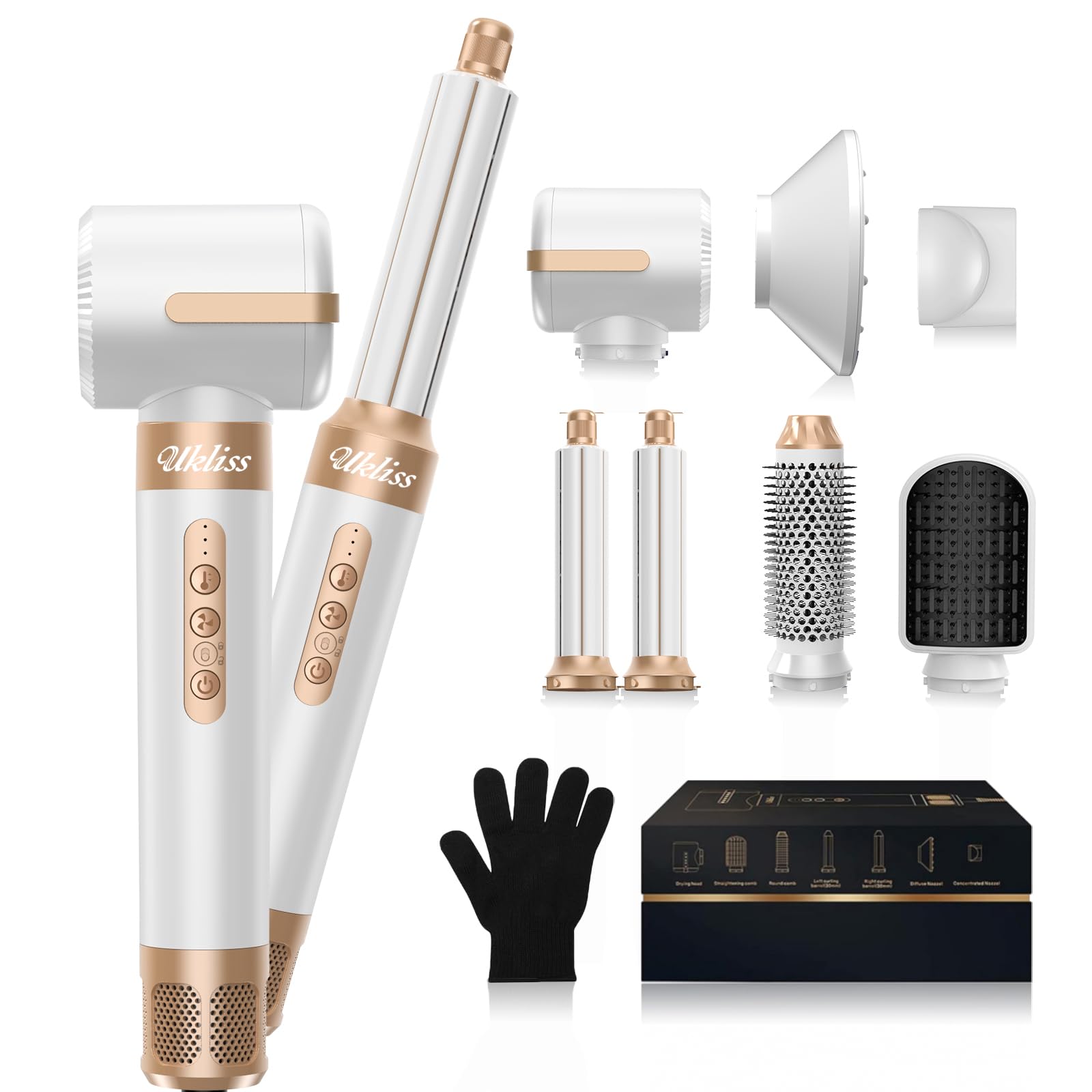 UKLISS Professional Ionic Hair Dryer Brush - 110,000 RPM Hot Air Styler, 7-in-1 Multifunctional Blow Dryer & Curler for Straight, Wavy & Curly Hair | Salon Quality Styling Tool with Negative Ion Technology (White Gold) | Perfect for Home Use, Travel & Salon Styling