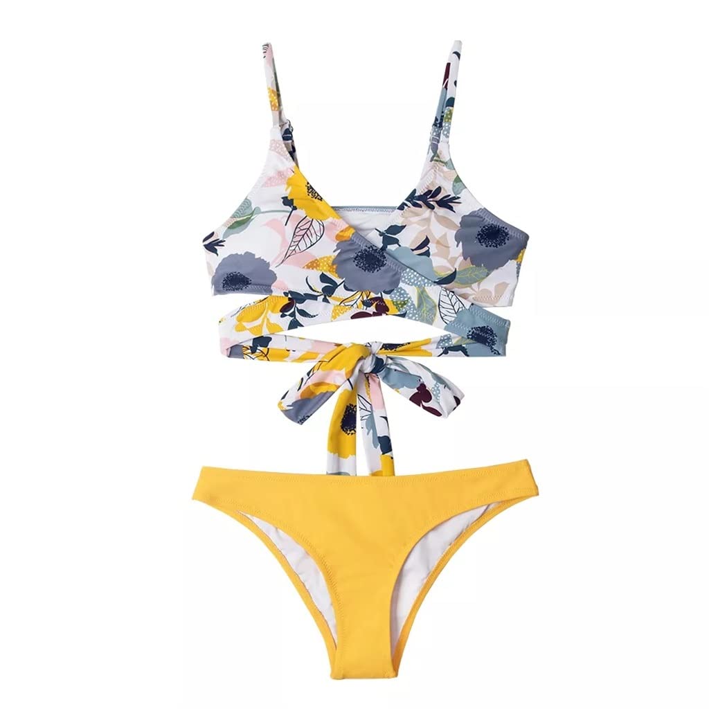 Sexy Floral Lace-Up Low-Waist Bikini Set for Women - Self-Tie Two-Piece Swimwear | Yellow Color | Size M | Perfect for Beach, Pool Party & Summer Vacation