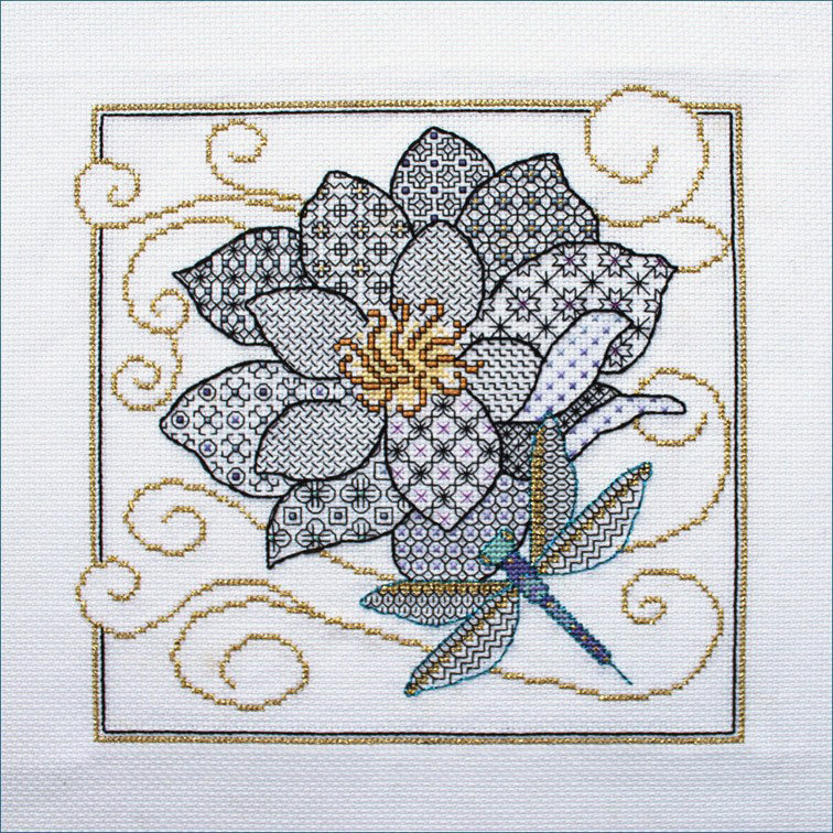 Blackwork Flower and Dragonfly Pattern Embroidery Design - Elegant Handmade Art for Home Decor, Fashion Accessories & DIY Craft Projects