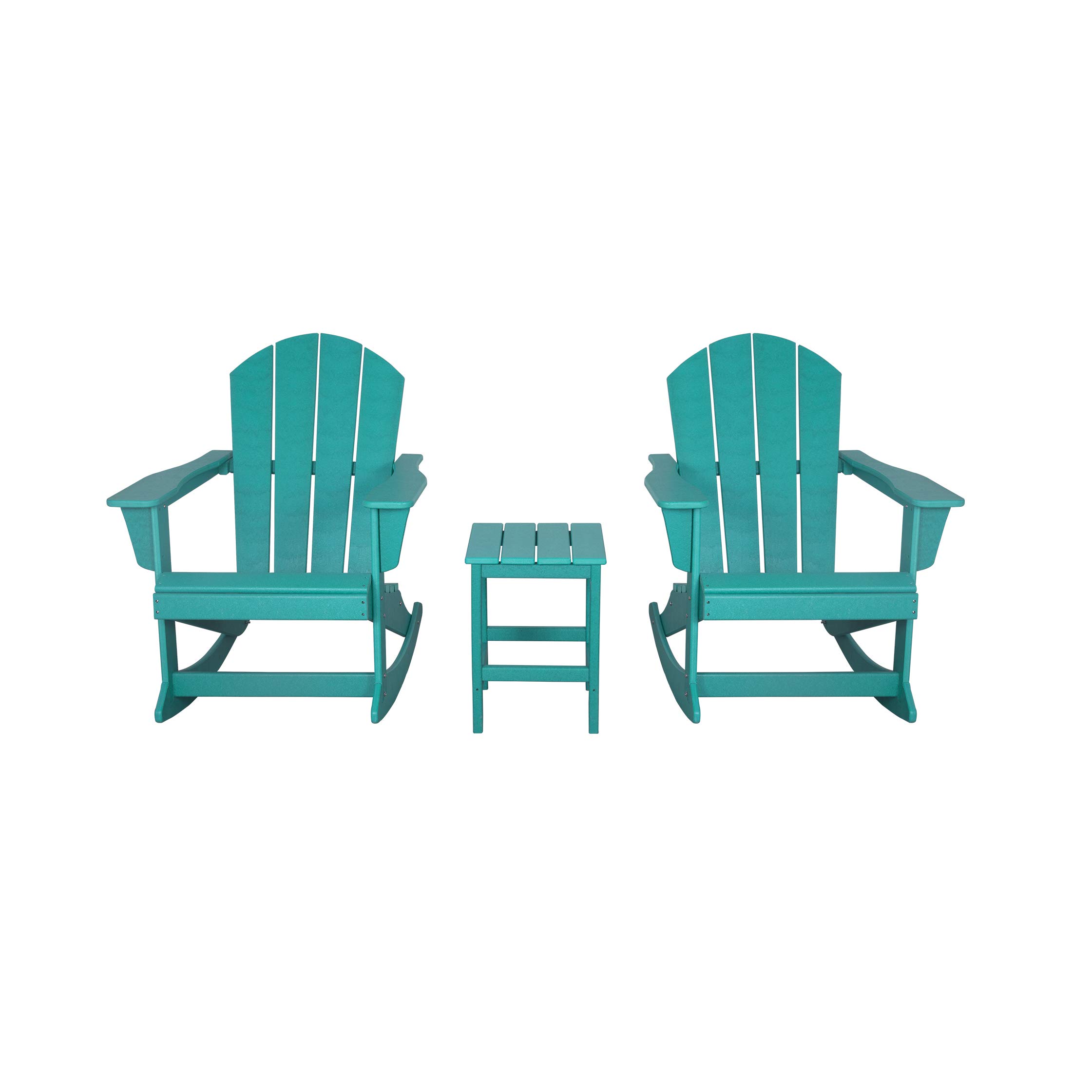 WO Home Furniture 3-Piece Patio Rocking Chair Set - Classic Outdoor Adirondack Rocker Chairs with Matching Table in Turquoise - Perfect for Backyard, Garden, Deck, and Poolside Relaxation