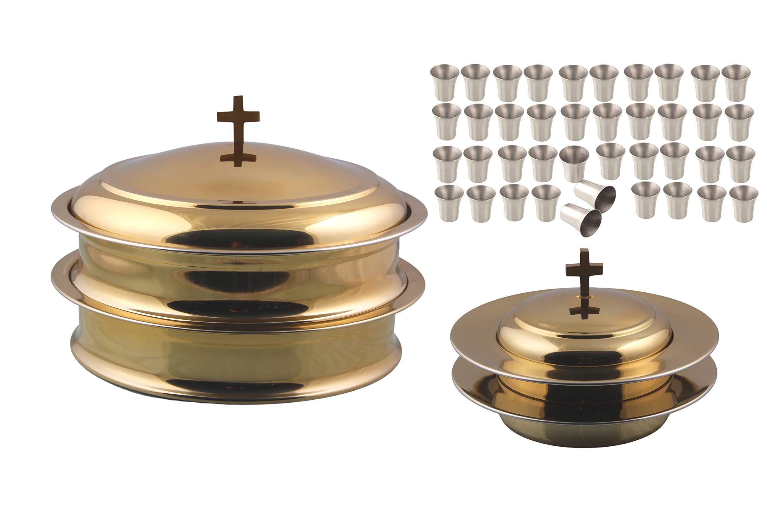 Stainless Steel Communion Ware Set - 2 Holy Wine Serving Trays with Lids & 2 Stacking Bread Plates with Lids + 80 Cups (Brass/Gold Finish) - Perfect for Church Services, Religious Ceremonies, and Holy Communion Events