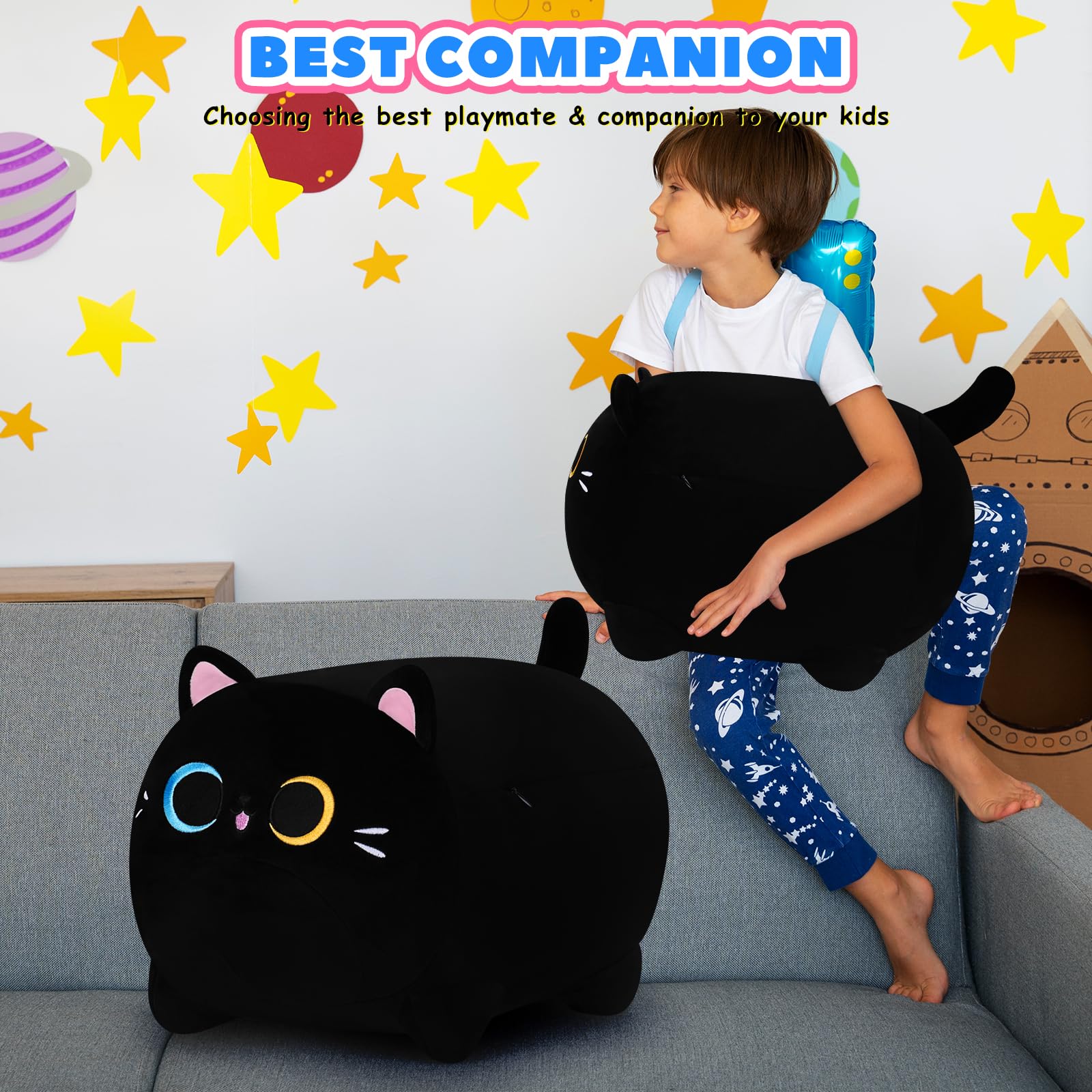 16'' Black Cat Plush Pillow with Unique Eyes - Soft Anime Stuffed Animal Toy for Kids, Girls & Boys | Perfect Birthday Gift, Home Decor, and Cuddly Companion