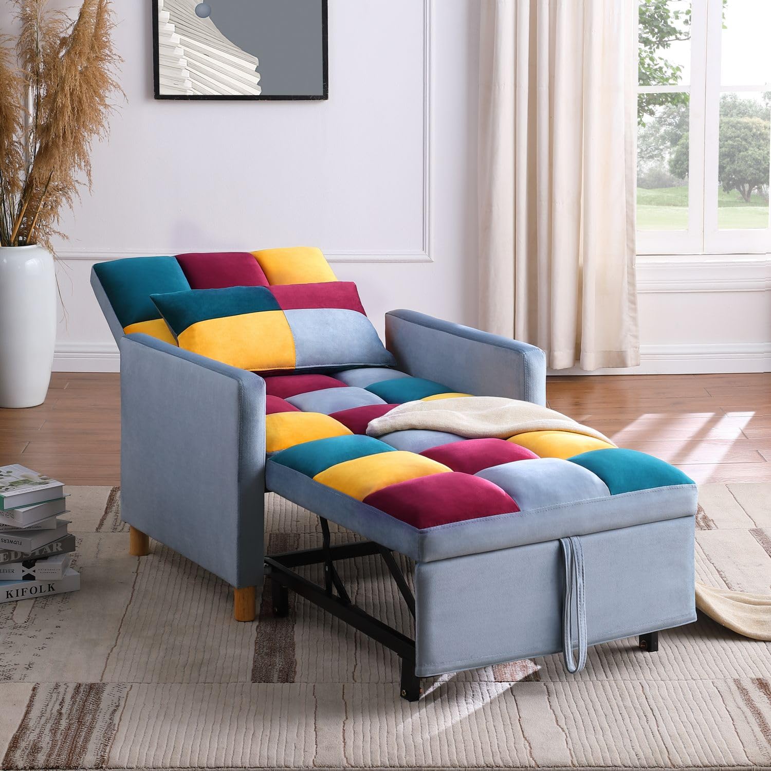 3-in-1 Convertible Folding Futon Chair Bed with Adjustable Backrest - Velvet Upholstered Sleeper Sofa for Living Room, Bedroom & Small Spaces | Modern Pull-Out Couch Chair | Rainbow Color | Perfect for Guest Sleeping, Lounging & Space Saving