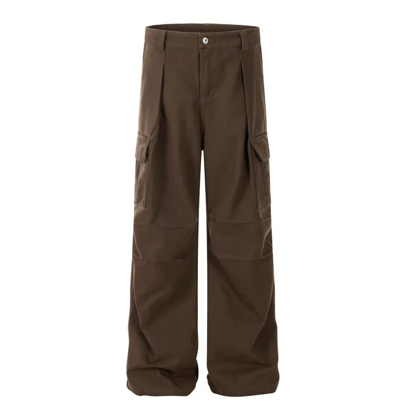 Men's American Style Cargo Pants - Casual Pleated Straight Leg Trousers with Thickened Fabric for Autumn | Solid Color Menswear for Outdoor, Work & Everyday Wear