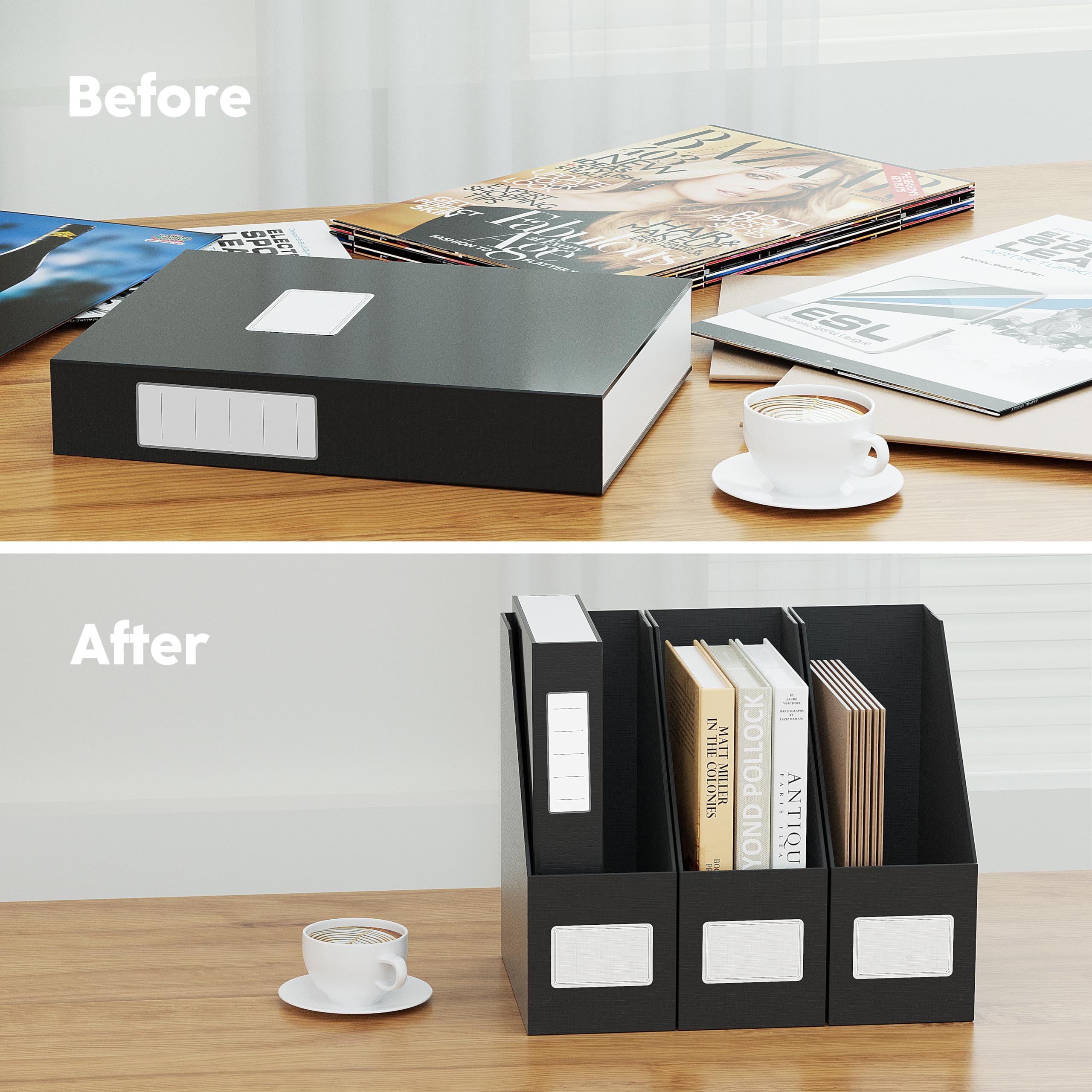 JiaWei Black Magazine File Holders - 3 Pack Sturdy Cardboard File Organizer for Office & Classroom | Desktop Storage Box, Folder Rack for Shelves & Desk | Perfect for Document Organization, School Supplies & Workspace Decluttering
