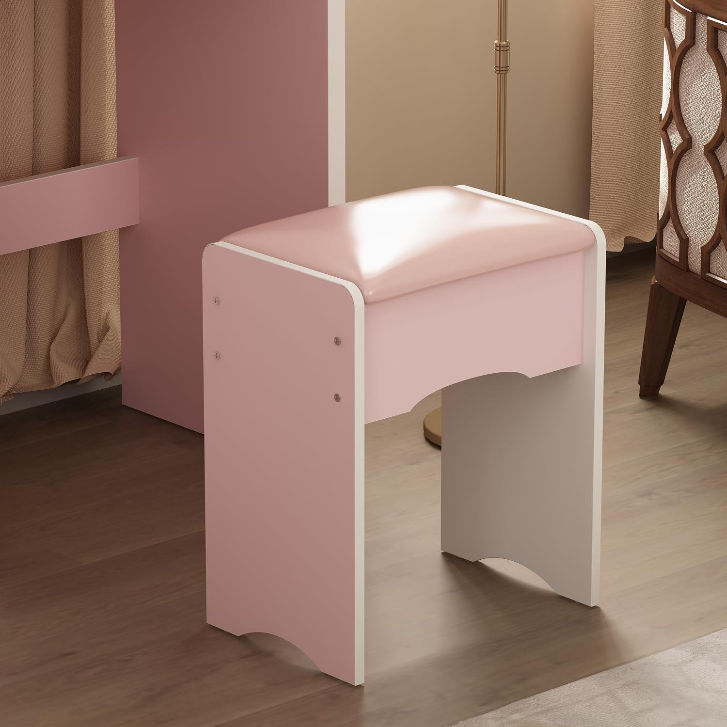 ECACAD Vanity Desk Set with LED Lighted Round Mirror, 5-Drawer Makeup Dressing Table with Storage Shelves & Cushioned Stool - Pink Bedroom Furniture for Women & Girls | Perfect for Makeup Organization, Dressing Room & Small Space Decor