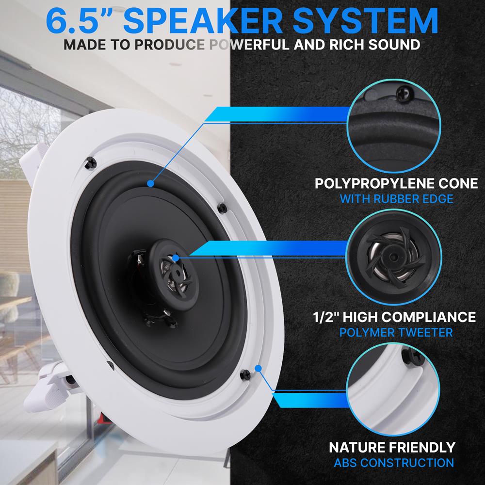 6.5 Inch In-Wall and In-Ceiling Speakers for Home Theater, Surround Sound, and Multi-Room Audio - High-Quality Stereo Sound for Living Room, Bedroom, or Office