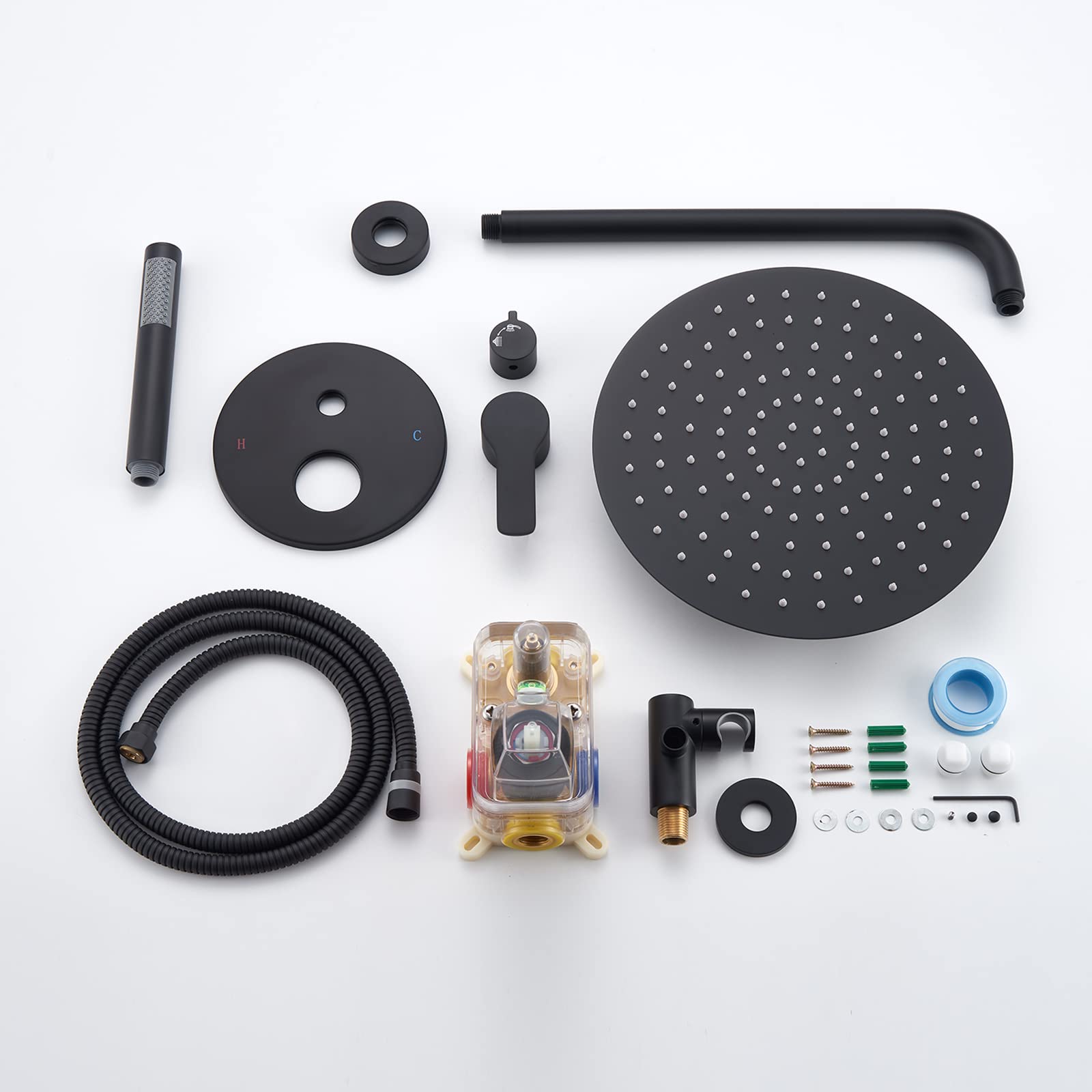 Matte Black Wall Mounted Shower System - 12 Inch Rainfall Shower Head with Handheld Sprayer - Pressure Balanced Valve Shower Faucet Mixer Set for Modern Bathroom (Perfect for Master Bath, Guest Bath & Spa-Like Shower Experience)