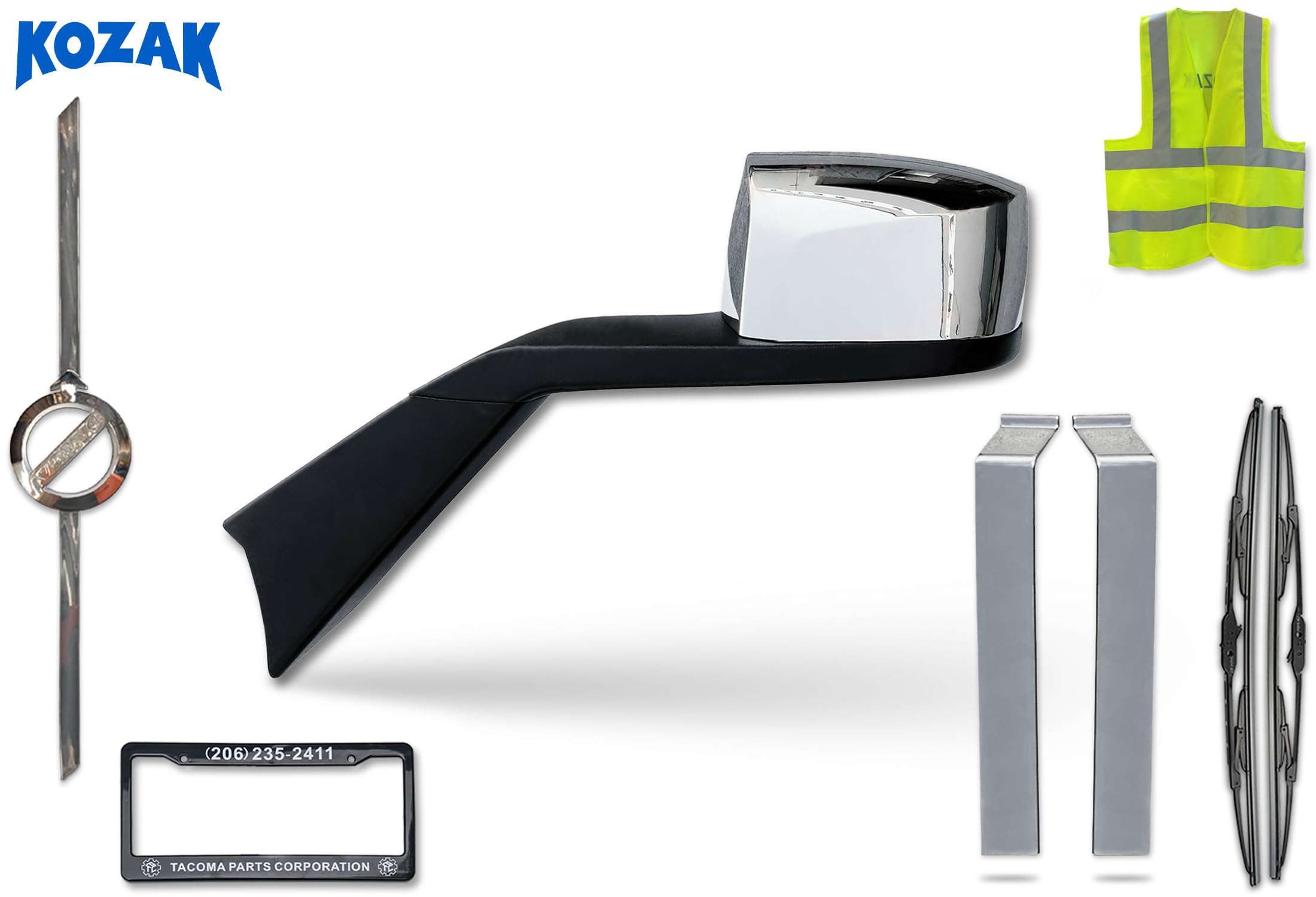 Heated Chrome Mirror & Bumper Trim Kit for Volvo VNL 2018+ - Left Driver Side Hood Mirror, Center Bumper Pair, 2 Wipers, License Plate Frame & Vest - Perfect for Long Haul Trucking & Winter Driving