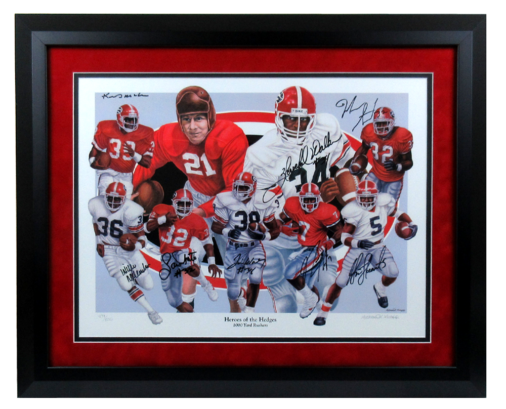 Georgia Bulldogs Multi-Signed Framed RB Heroes of the Hedges Limited Edition Print (8 Signatures, #/1000) - Perfect for UGA Fans, Sports Memorabilia Collectors, and Game Room Decor