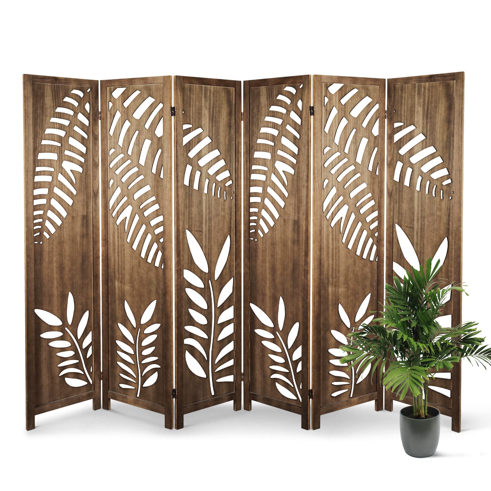 ECOMEX 6 Panel Folding Room Divider - Freestanding Privacy Screen for Bedroom, Home Office & Restaurant - Hand Carved Wood Room Partition (Natural Brown) | Perfect for Creating Private Spaces, Home Decor & Commercial Use