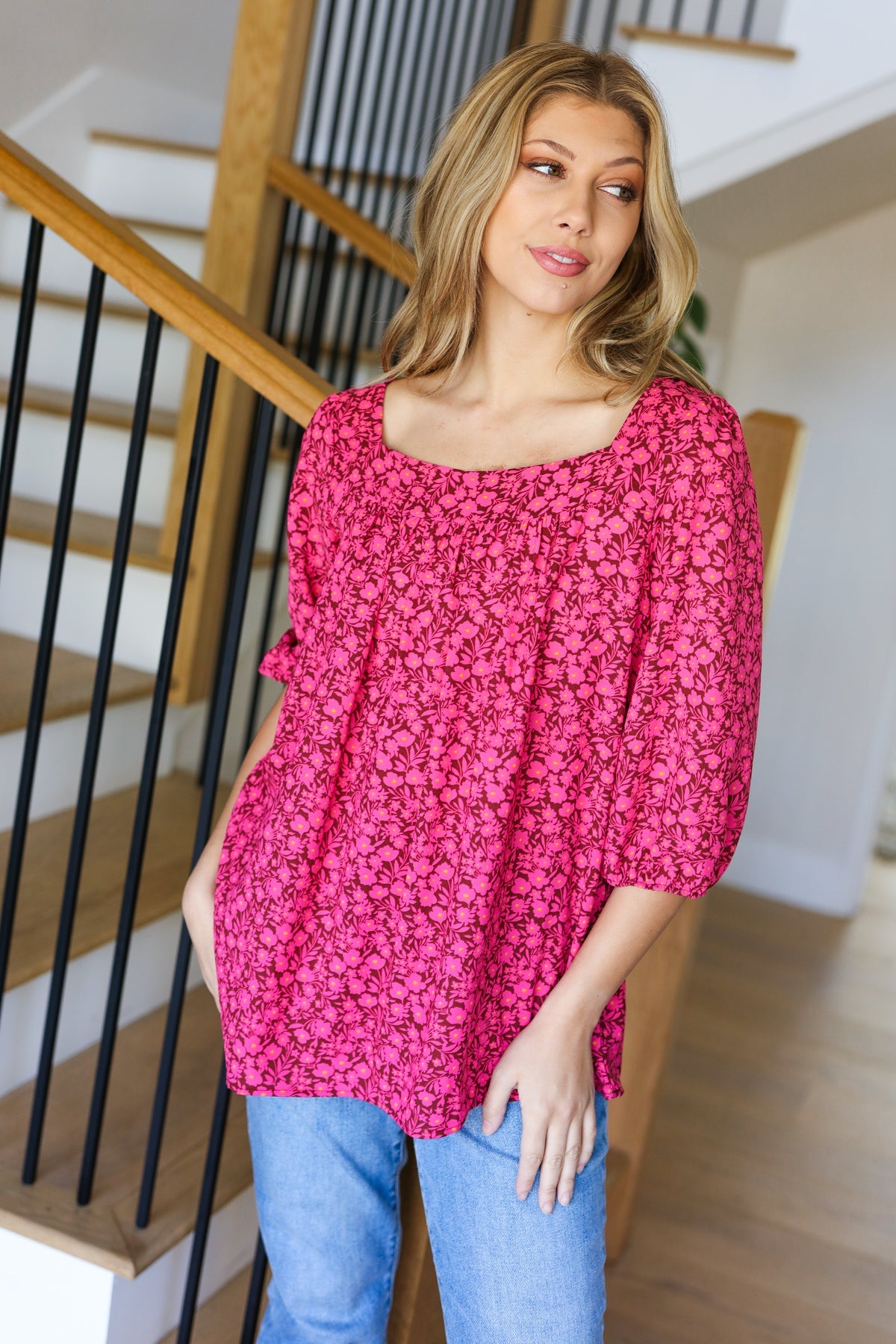 Perfectly You Fuchsia Floral Print Three Quarter Sleeve Square Neck Blouse for Women | Casual Spring Summer Tops for Office Wear & Date Night Outfits