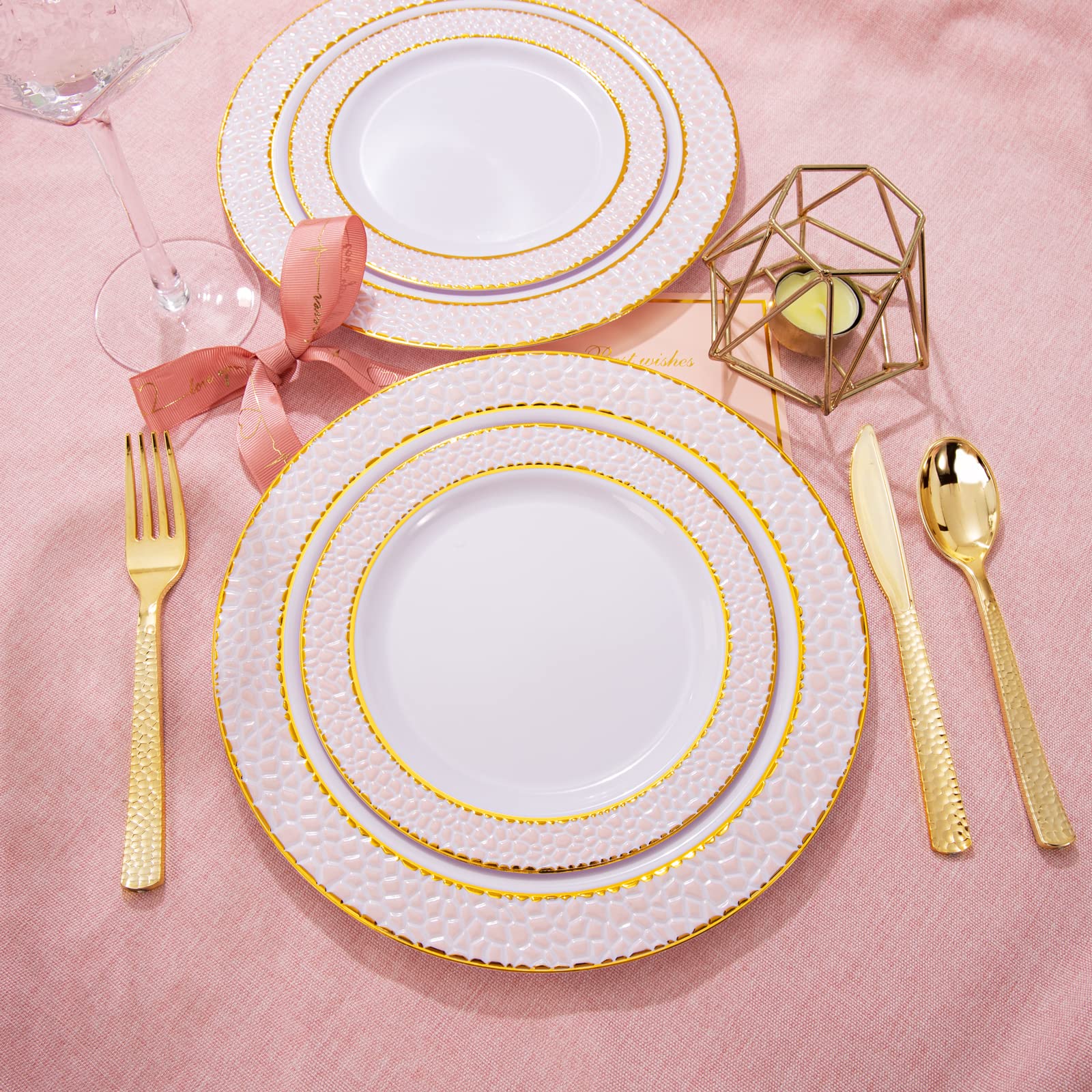 Liacere 102-Piece Pink Plastic Plates & 30-Pack Gold Plastic Cutlery Set - Perfect for Birthday Parties, Weddings, and Outdoor Events