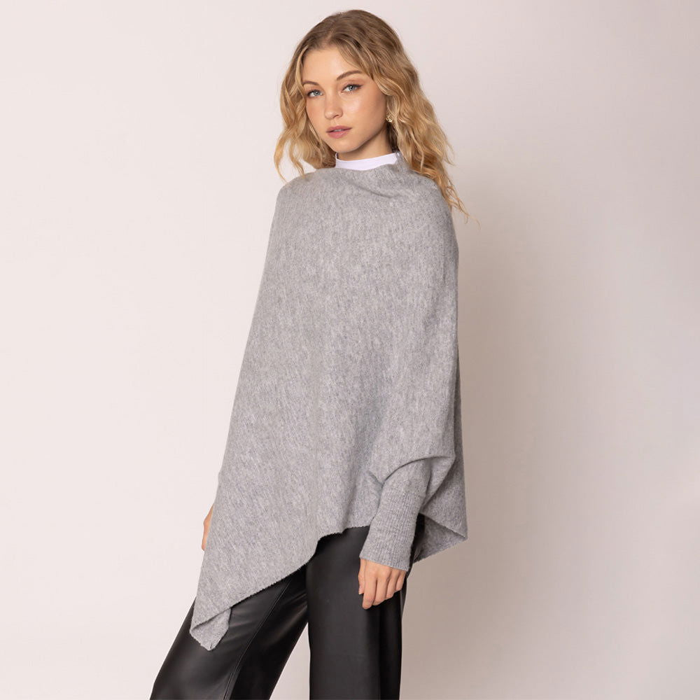 Gray Solid Poncho with Sleeves - Women's Stylish Outdoor Wear for Fall & Winter - Perfect for Hiking, Camping, and Casual Outings