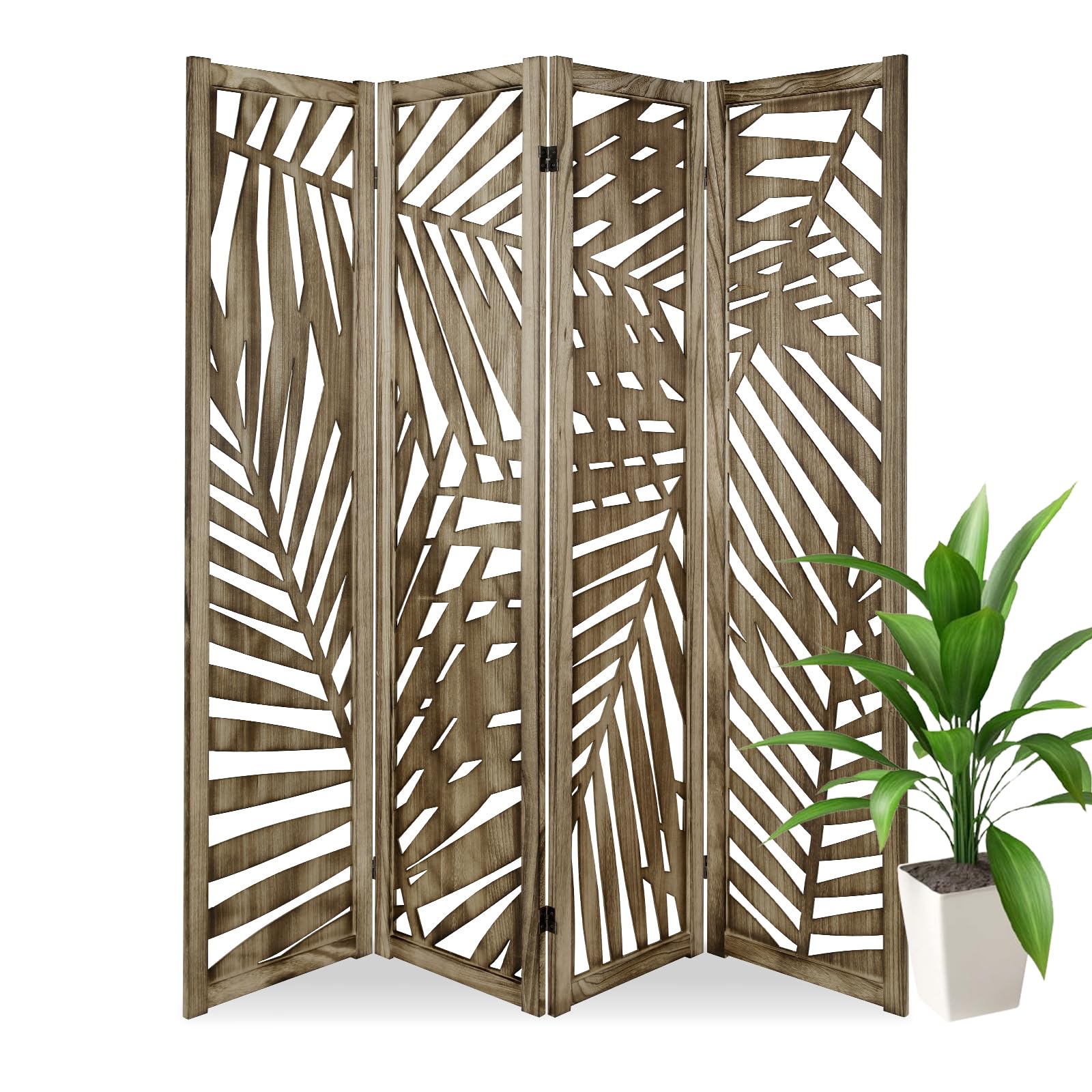 ECOMEX 4 Panel Palm Leaf Room Divider - Freestanding Partition Screen with Retro Leaf Cutout Design in Brown | Perfect for Living Room, Bedroom & Office Privacy