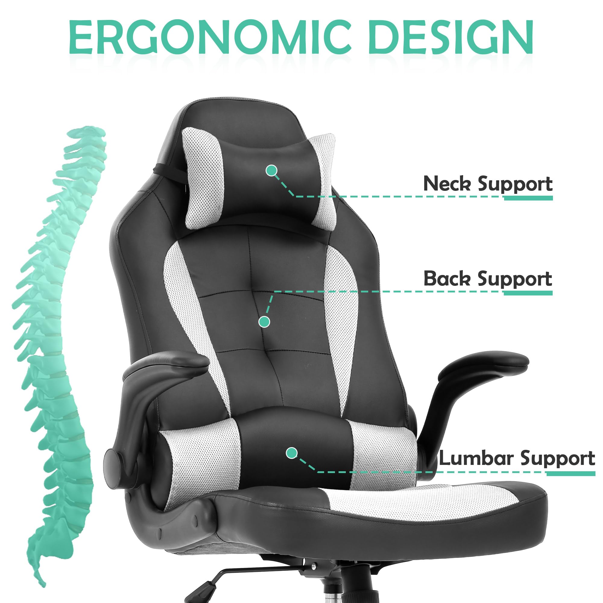 **Ergonomic Gaming Chair with Headrest & Lumbar Support - Adjustable PU Leather High Back Racing Office Chair for Adults & Kids - Perfect for PC Gaming, Work & Home Office (White)**