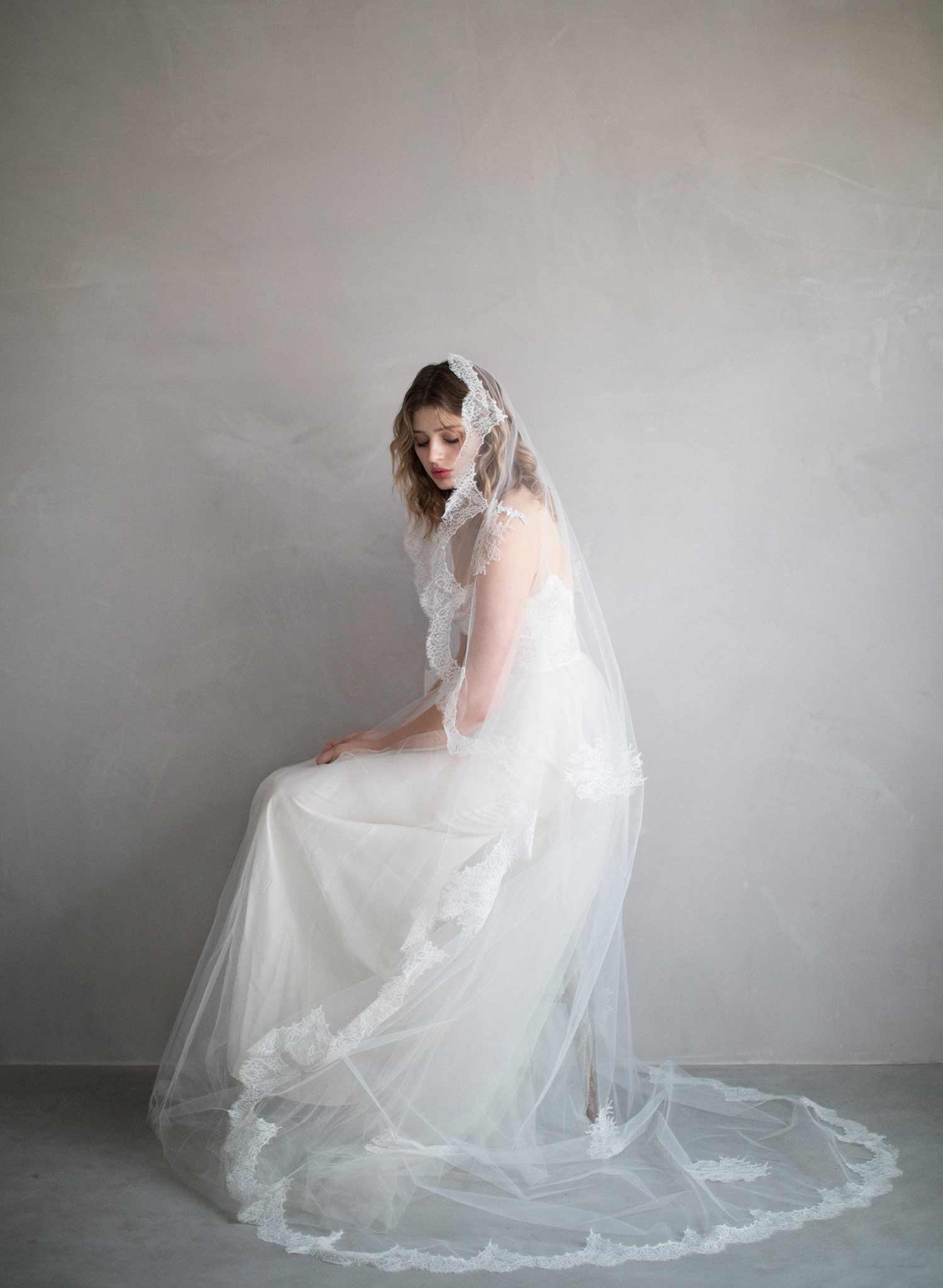 Elegant Cascading French Lace Wedding Veil with Long Train - Style #853 | Perfect for Bridal Gowns, Church Weddings & Romantic Photography