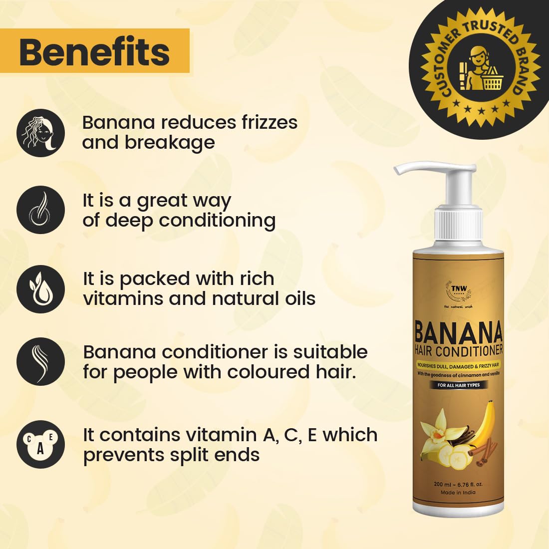 TNW THE NATURAL WASH Banana Hair Conditioner 200ml with Cinnamon & Vanilla - Deep Repair for Dry, Damaged, Frizzy Hair - Moisturizing & Shine Enhancing Formula for Women & Men - Perfect for Daily Hair Care & Salon-Quality Results at Home