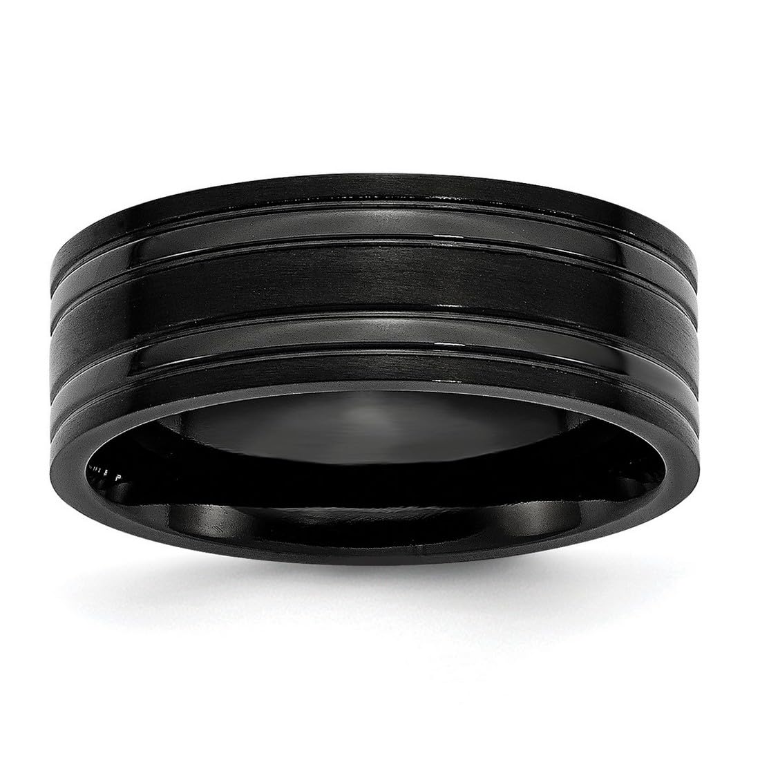 Black Titanium Grooved 8mm Brushed and Polished Unisex Band Ring - Durable Wedding, Anniversary & Everyday Fashion Jewelry for Men and Women