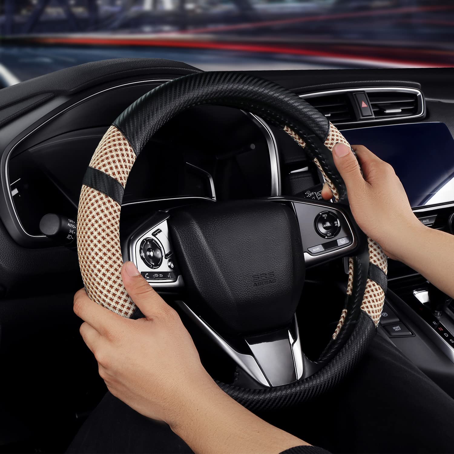 BOKIN Carbon Fiber Steering Wheel Cover - Universal 14.5-15 Inch, Microfiber Leather Car Accessory, Breathable Ice Silk Wheel Protector for Summer Cooling & Winter Warmth - Perfect for Daily Commute, Road Trips & Luxury Car Interiors