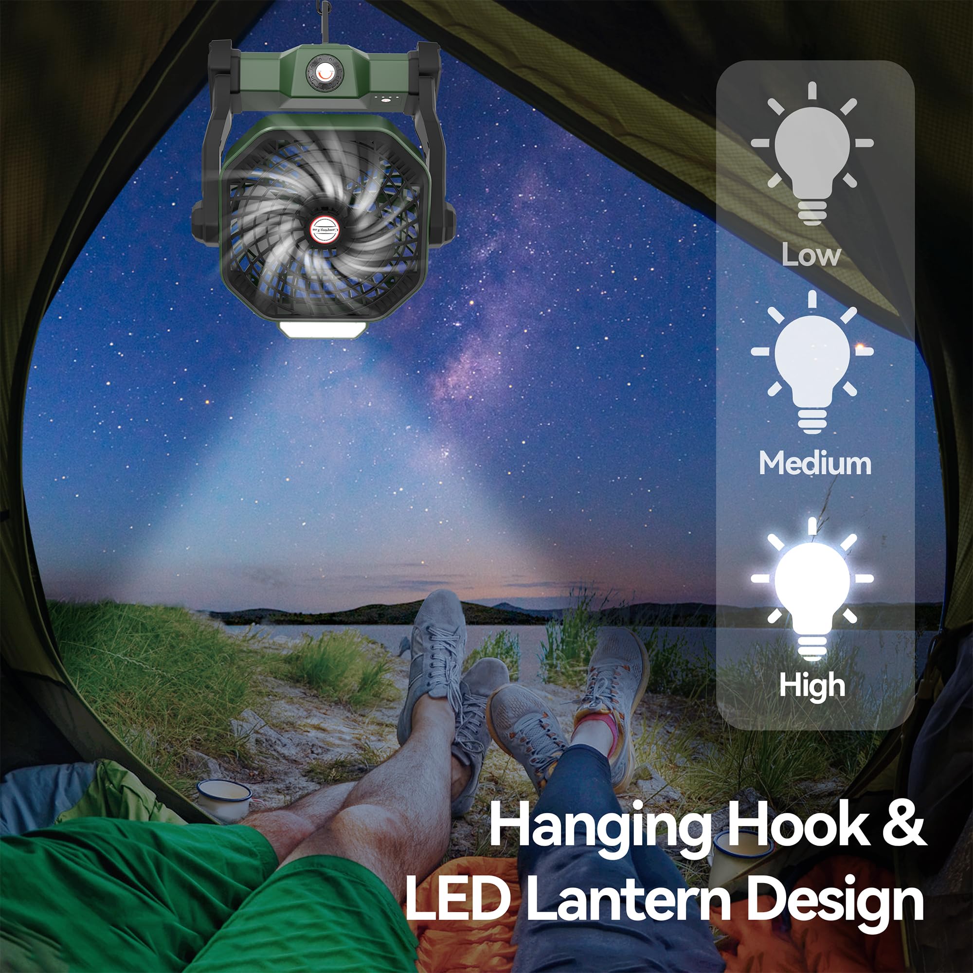 Rechargeable Camping Fan with LED Lantern - 10400mAh Battery Powered Portable Tent Fan for Outdoor Travel, Home, Office & Desk Use | Perfect for Camping Essentials, Emergency Lighting & Personal Cooling