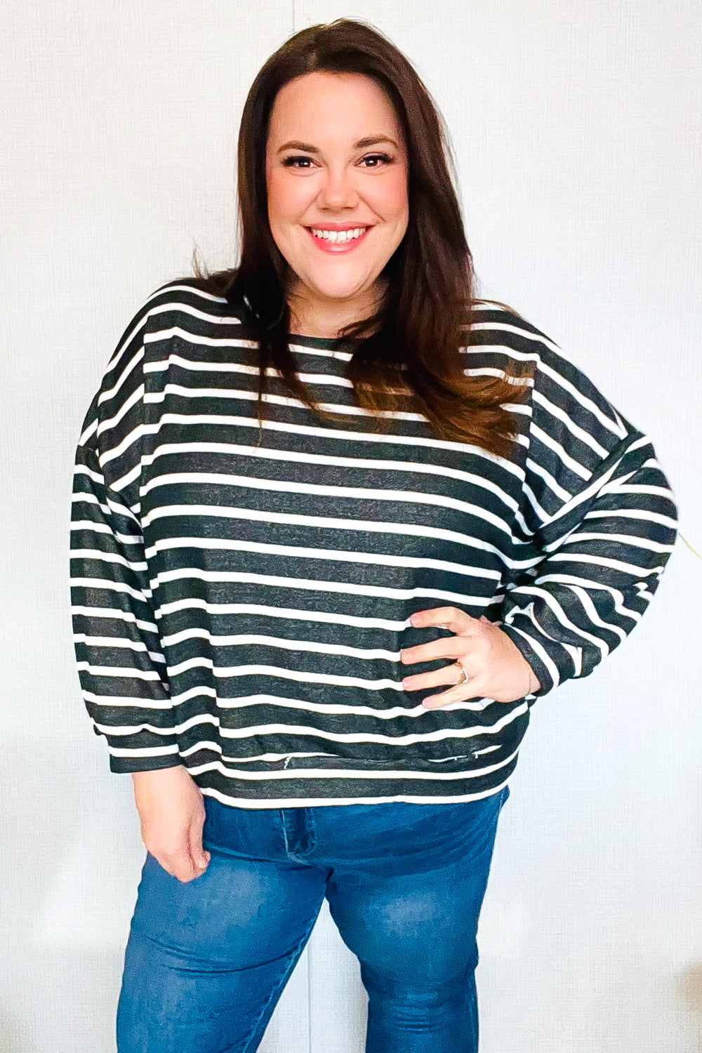 Stylish Charcoal Striped Terry Banded Dolman Pullover Sweater for Women - Cozy & Fashionable Loungewear for Casual Outings and Relaxing at Home
