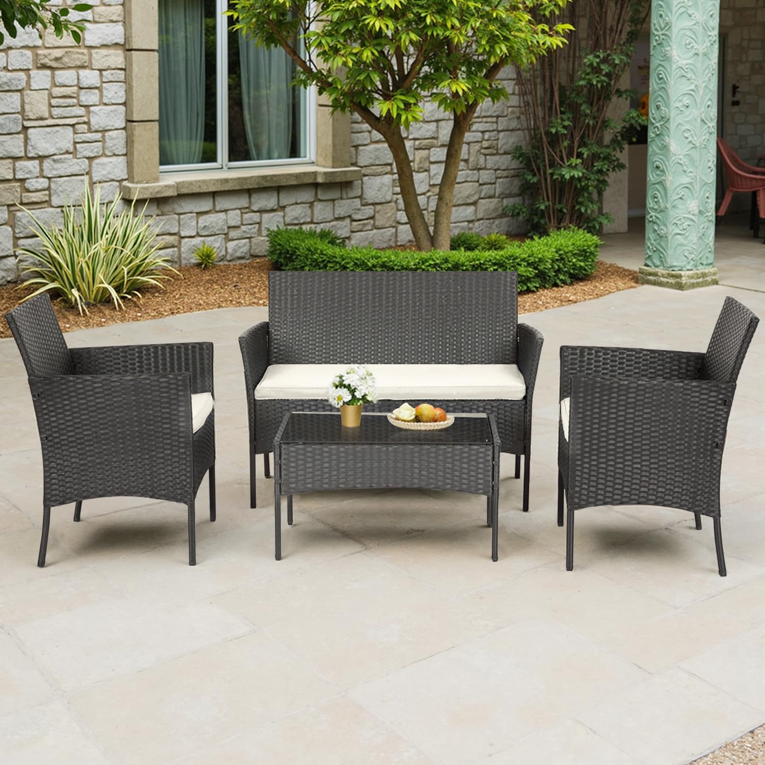 **FDW 4-Piece Outdoor Patio Furniture Set - Rattan Wicker Sofa & Chairs - Garden Conversation Bistro Set for Yard, Pool, or Backyard - Perfect for Relaxing & Entertaining Outdoors**