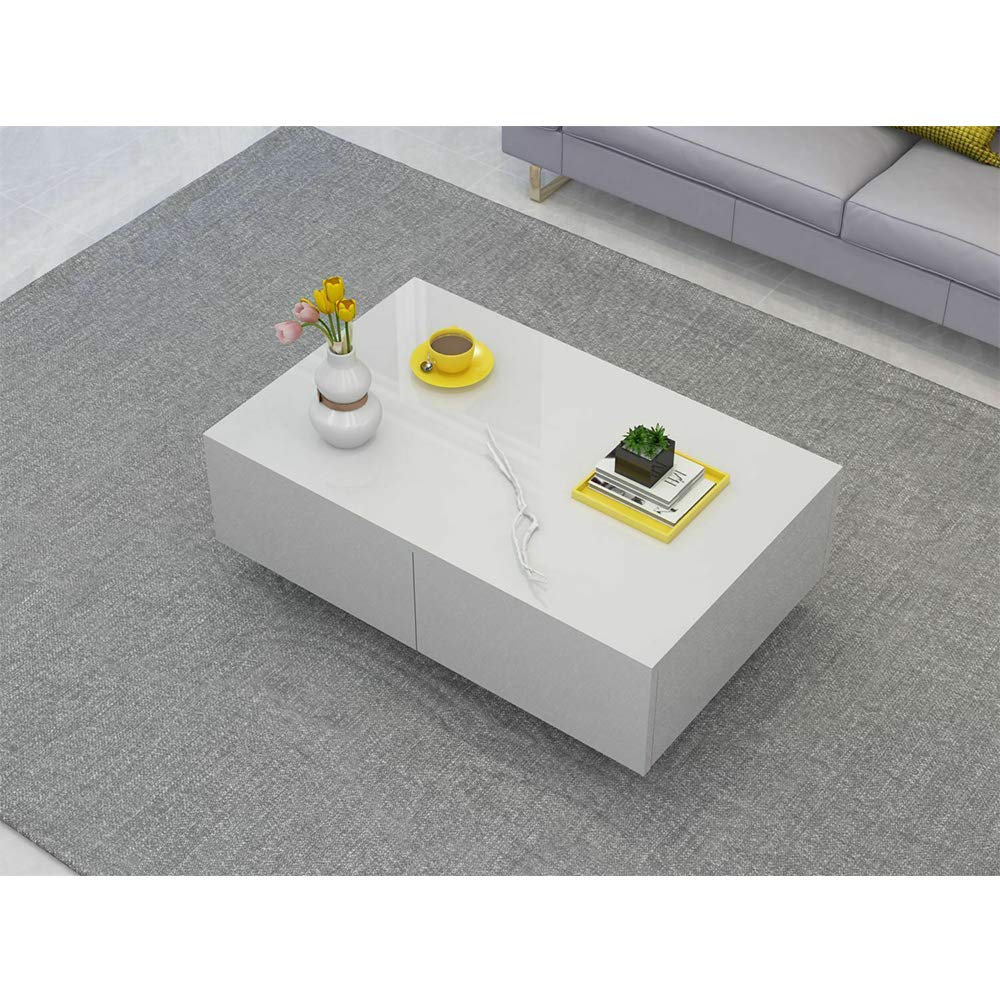 Modern White High Gloss Coffee Table with Drawer - 37.4