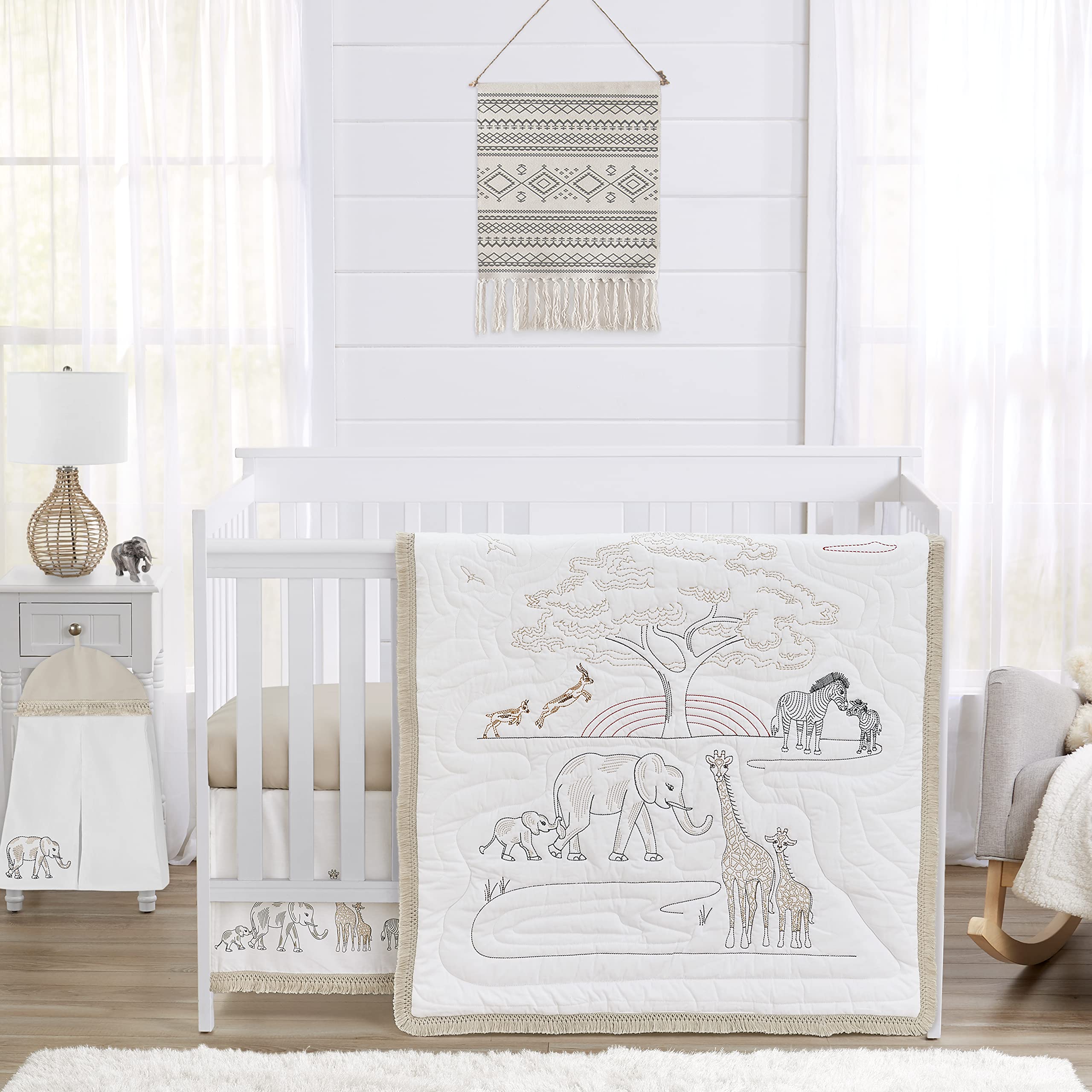 Sweet Jojo Designs 4-Piece Baby Crib Bedding Set - 100% Cotton Jungle Animal Theme for Boys & Girls | Includes Blanket, Fitted Sheet, Skirt & Diaper Stacker | Neutral Wildlife Safari Nursery Decor with Elephants | Perfect for Newborns, Infants & Toddlers | Ideal for Baby Showers, Nurseries & Daycare Centers