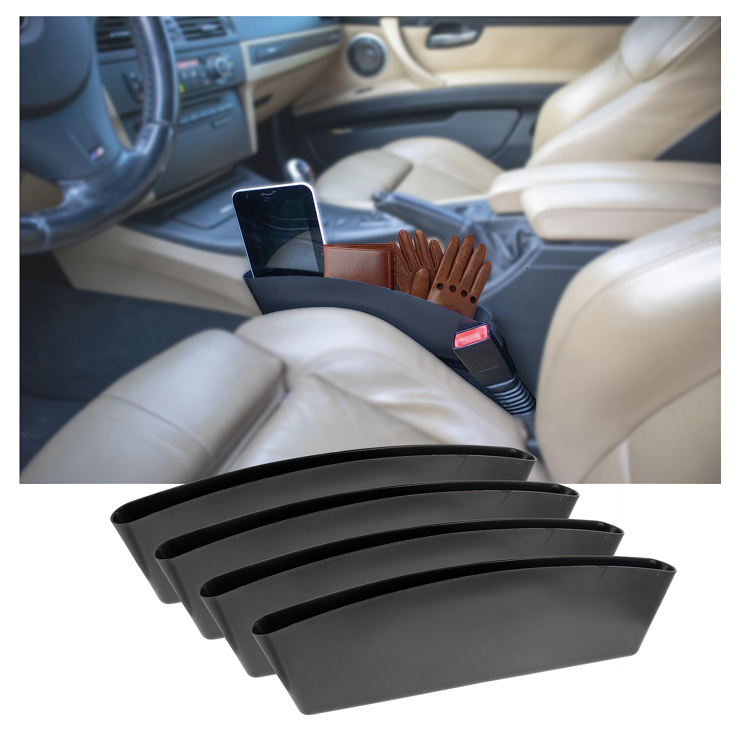 5 STAR SUPER DEALS Car Seat Gap Filler Organizer - 4 Pack Premium Car Seat Caddy Catcher to Prevent Items Falling Between Seats & Console | Perfect for Phones, Keys, Wallets & Snacks in SUV, Sedan & Minivan
