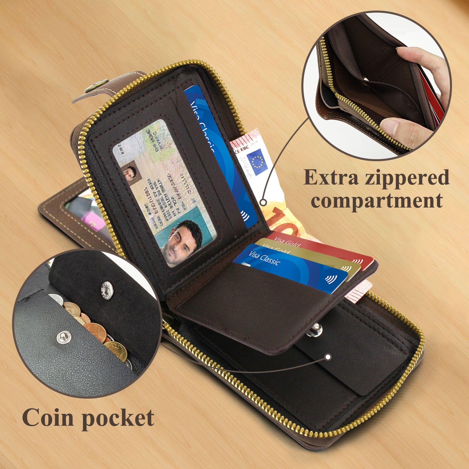 Vintage PU Leather Men's Wallet with 10 Card Slots & Zipper Pocket - Large Capacity RFID Blocking Credit Card Holder for Travel, Business & Everyday Use (Brown)