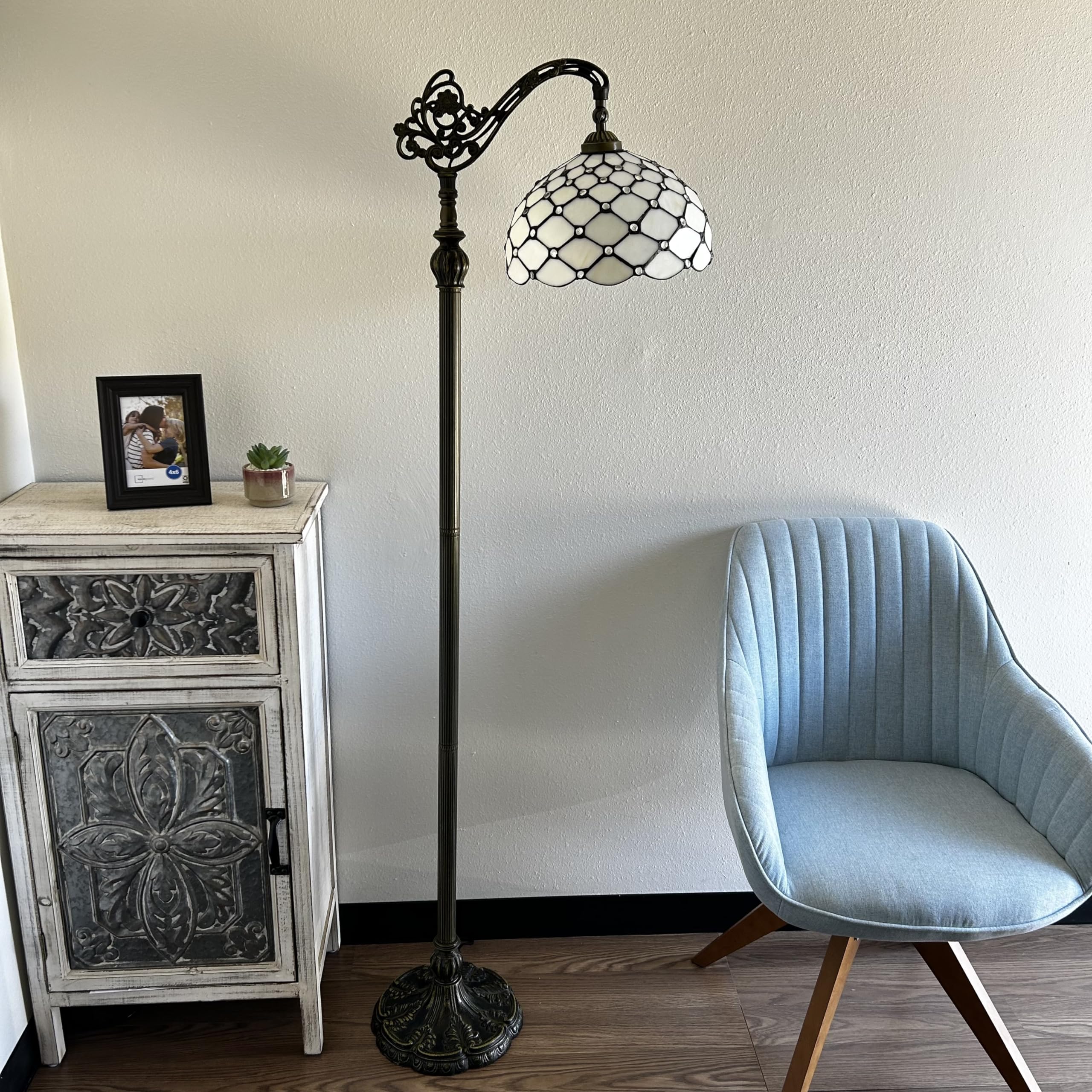 Tiffany Style Floor Lamp with White Stained Glass & Crystal Beads - Adjustable Gooseneck LED Reading Light for Living Room, Bedroom (20