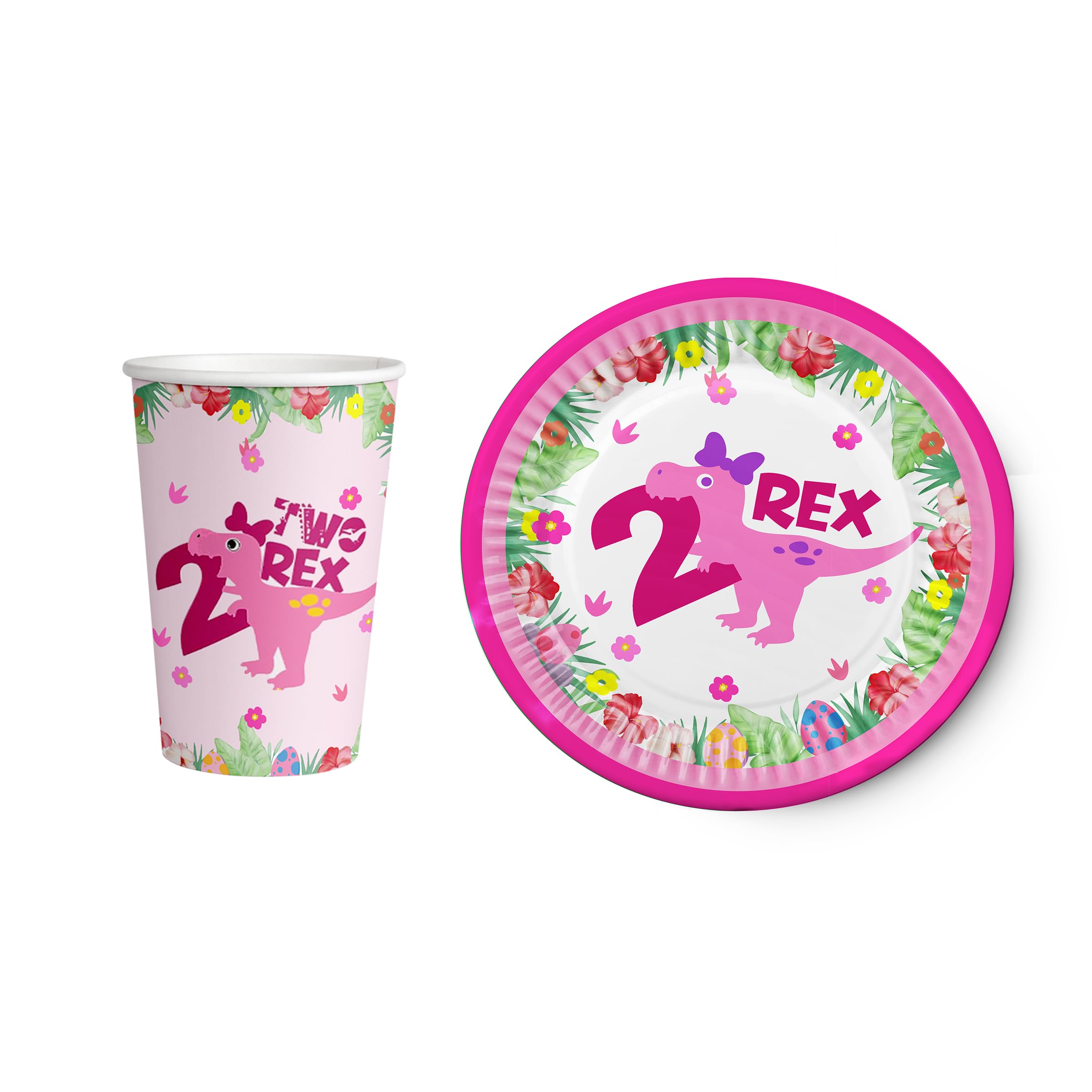 Dinosaur 2nd Birthday Party Supplies for Girls - T-Rex Theme Decorations with Plates, Cups, Napkins Featuring '2' Logo, Perfect for 20 Guests, Ideal for Toddler Birthday Celebrations & Dino-Themed Parties