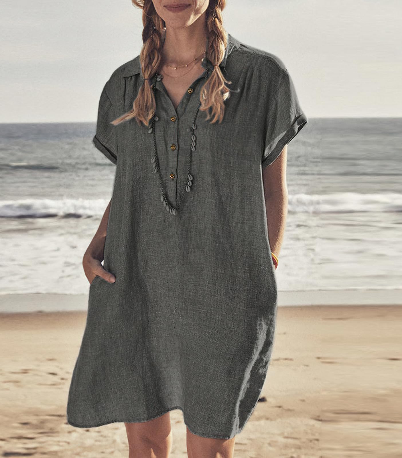 Women's Linen Polo Neck Shirt Dress - Summer Casual Midi Tunic Beach Cover Up for Vacation, Outing & Relaxing