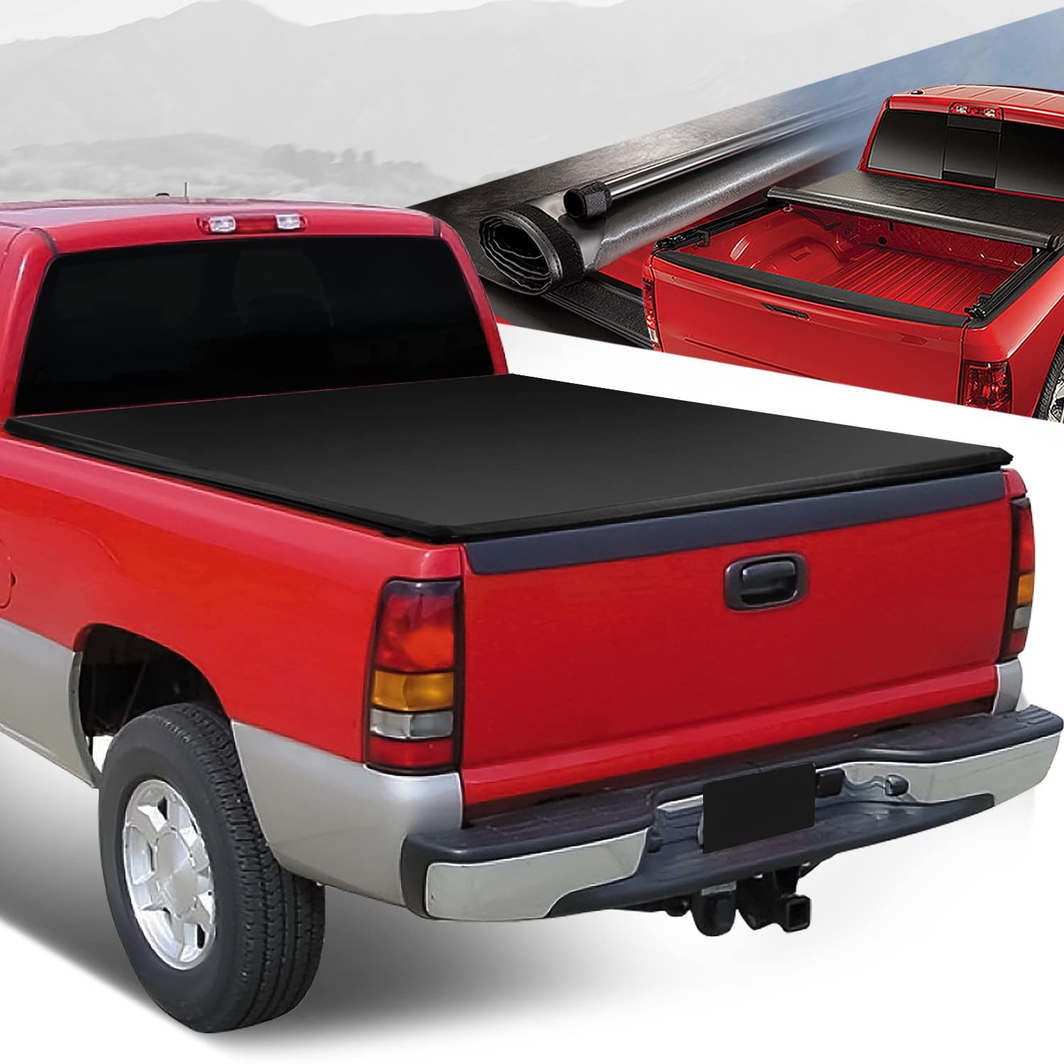 Auto Dynasty Soft Roll-up Truck Bed Tonneau Cover for 1999-2007 Chevy Silverado & GMC Sierra 1500/2500/3500/HD Classic - 6.5Ft Fleetside/Styleside Bed (No Rail System) - Matte Black - Weatherproof Protection for Cargo & Outdoor Gear
