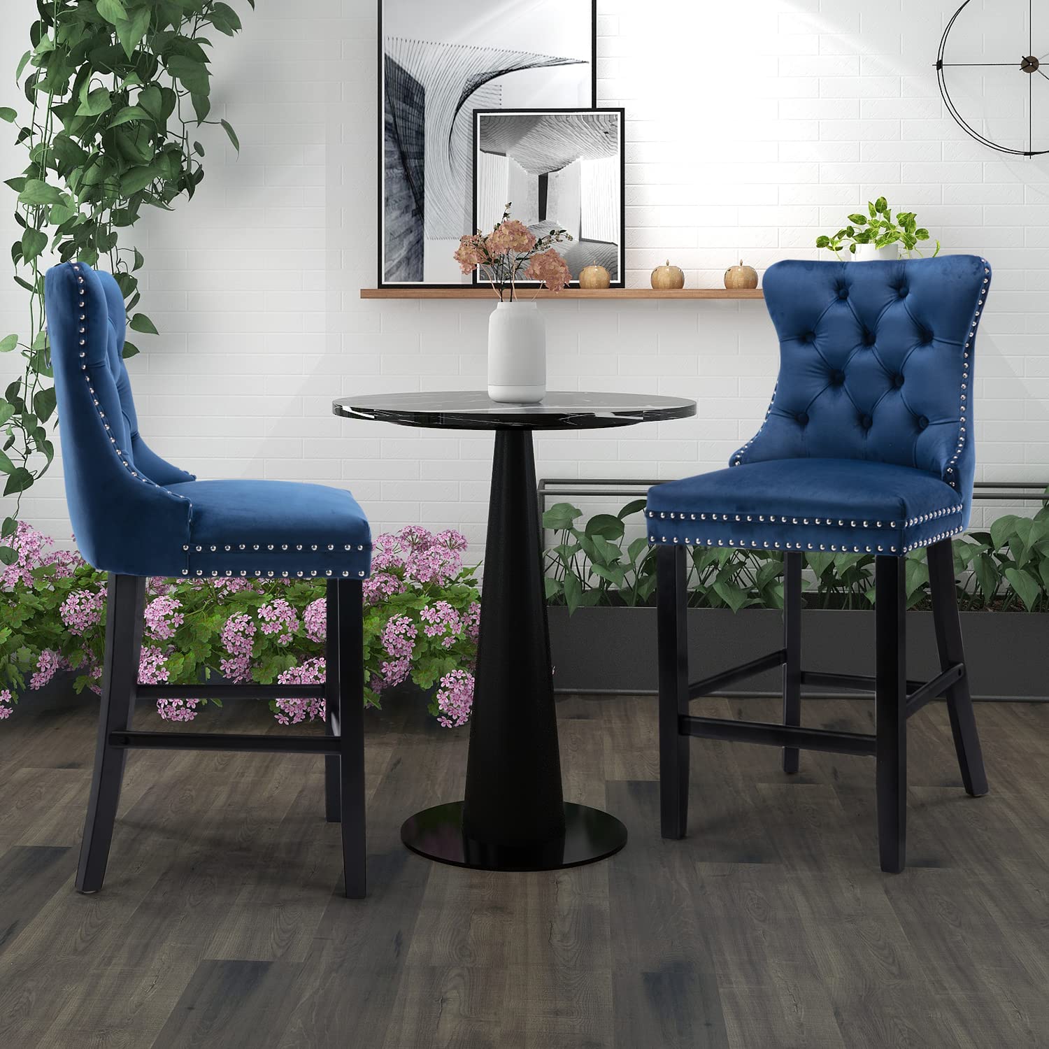 SoarFlash Modern Velvet Upholstered Bar Stools Set of 2 - Wood Legs, Button Tufted, Chrome Nailhead Trim, Armless Counter Height Stools for Kitchen Island, Breakfast Bar & Home Decor (Blue)