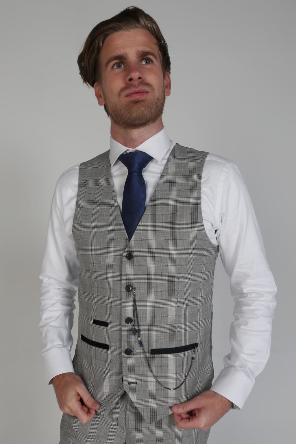 Hugo Grey Check Three Piece Suit for Men - Premium Wool Business Suit Set with Vest & Pants - Perfect for Weddings, Office & Formal Events