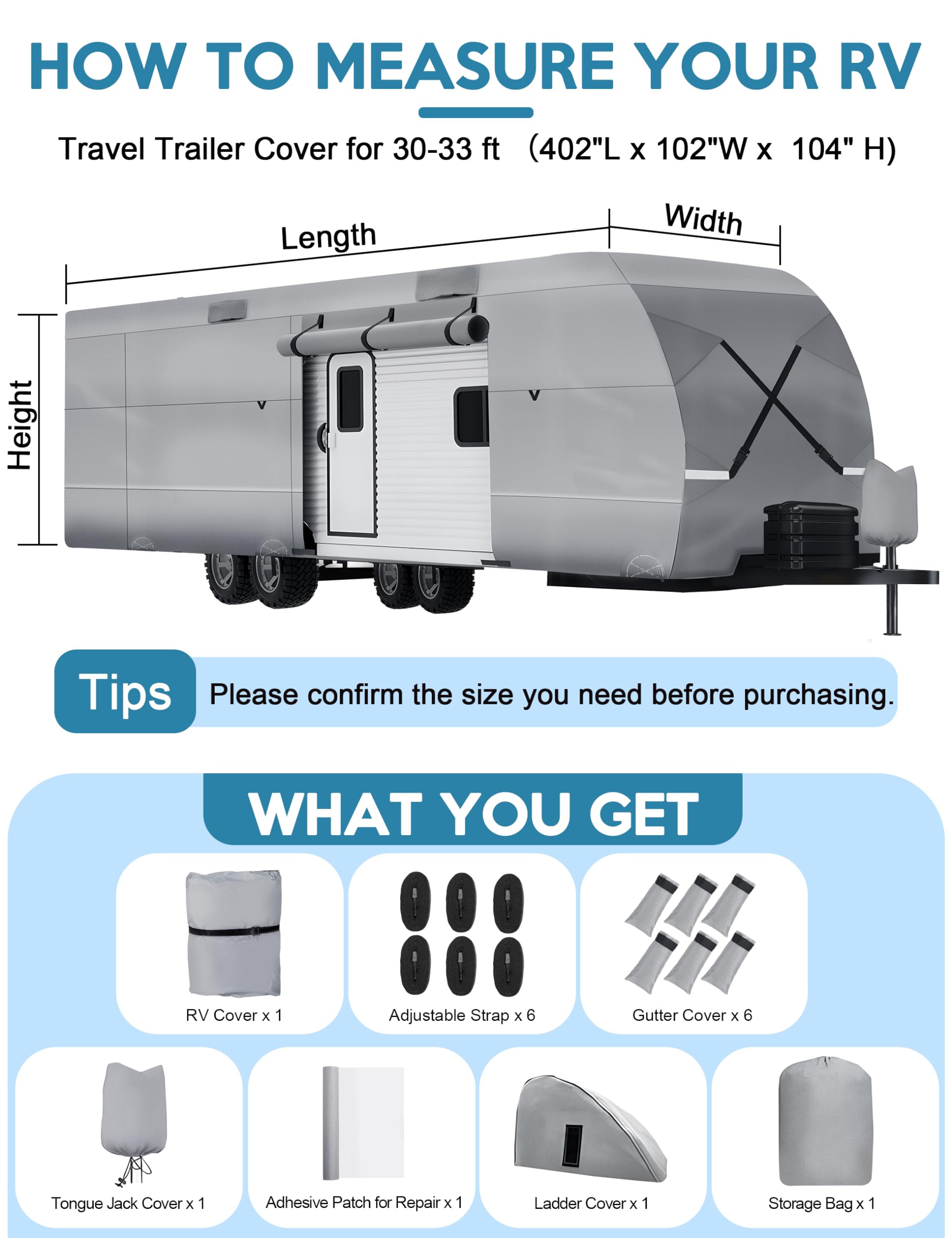 30-33ft RV Travel Trailer Cover - 300D Oxford Waterproof Camper Cover with Jack Cover, Windproof Straps & Storage Bag | All-Weather Protection for Winter Snow, Rain & UV Rays | Perfect for Outdoor RV Storage & Long-Term Parking