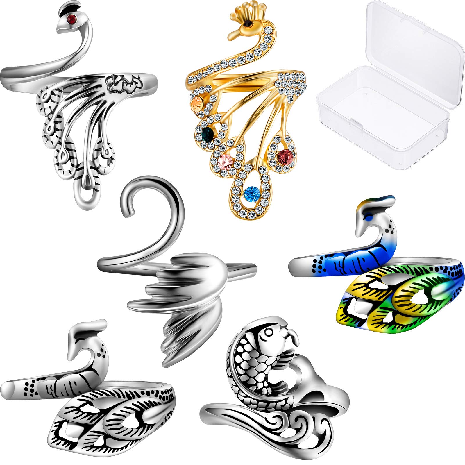 6-Piece Adjustable Knitting Loop Rings Set - Vintage Silver & Colorful Crochet Loop Yarn Guide Finger Holder with Plastic Storage Box | Perfect for DIY Knitting, Crocheting, and Craft Projects