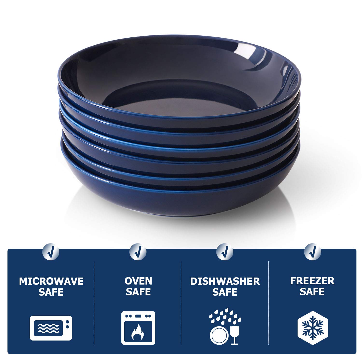 Y YHY 30oz Pasta Bowls Set of 6 - Large Porcelain Soup & Salad Serving Bowls, Wide Shallow Dishes - Microwave & Dishwasher Safe - Blue - Perfect for Family Dinners, Restaurants & Entertaining