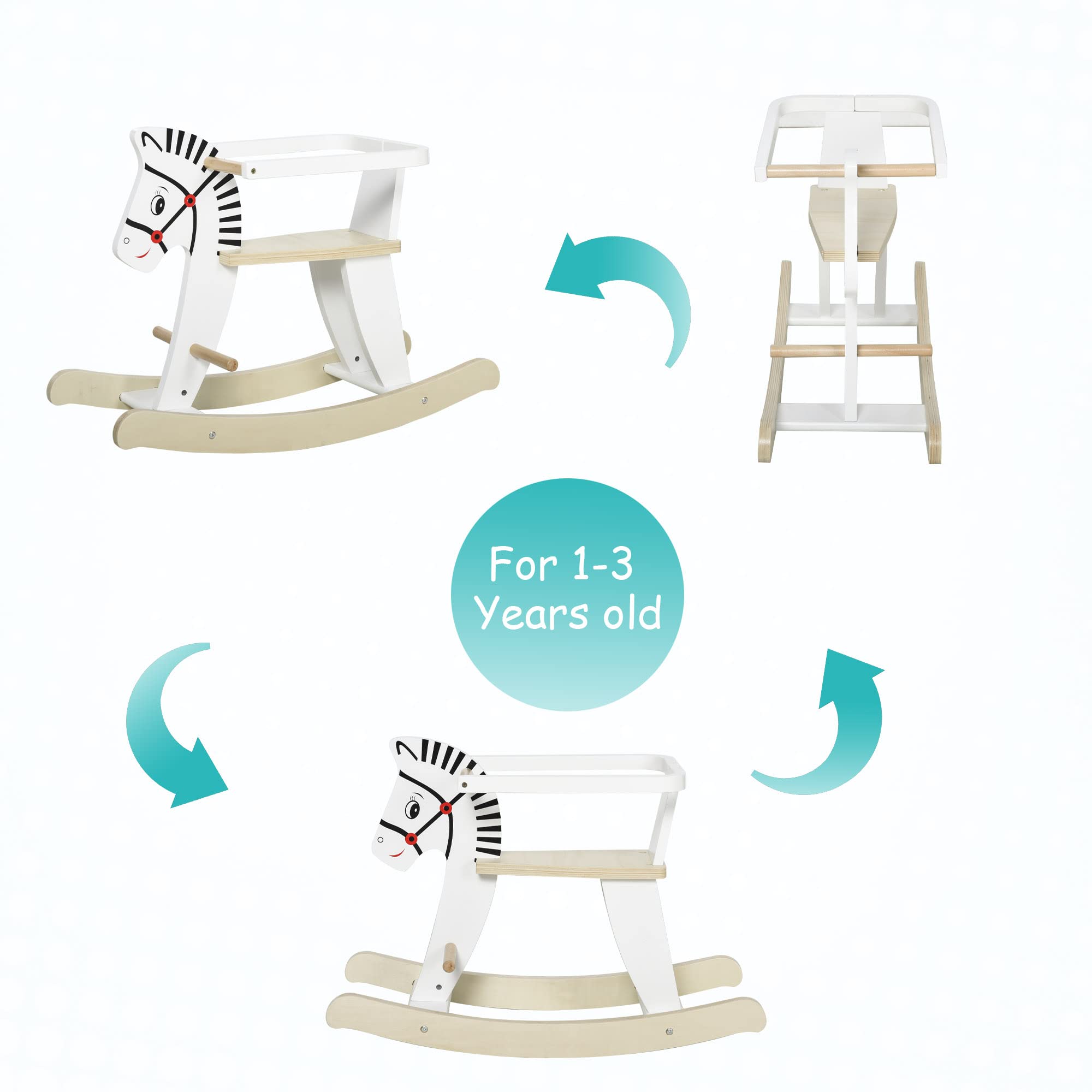 Qaba Classic White Wooden Rocking Horse for Toddlers 1-3 Years | Safe Baby Ride-On Toy with Wooden Safety Bar | Perfect for Nursery, Playroom & Gift for 1st Birthday