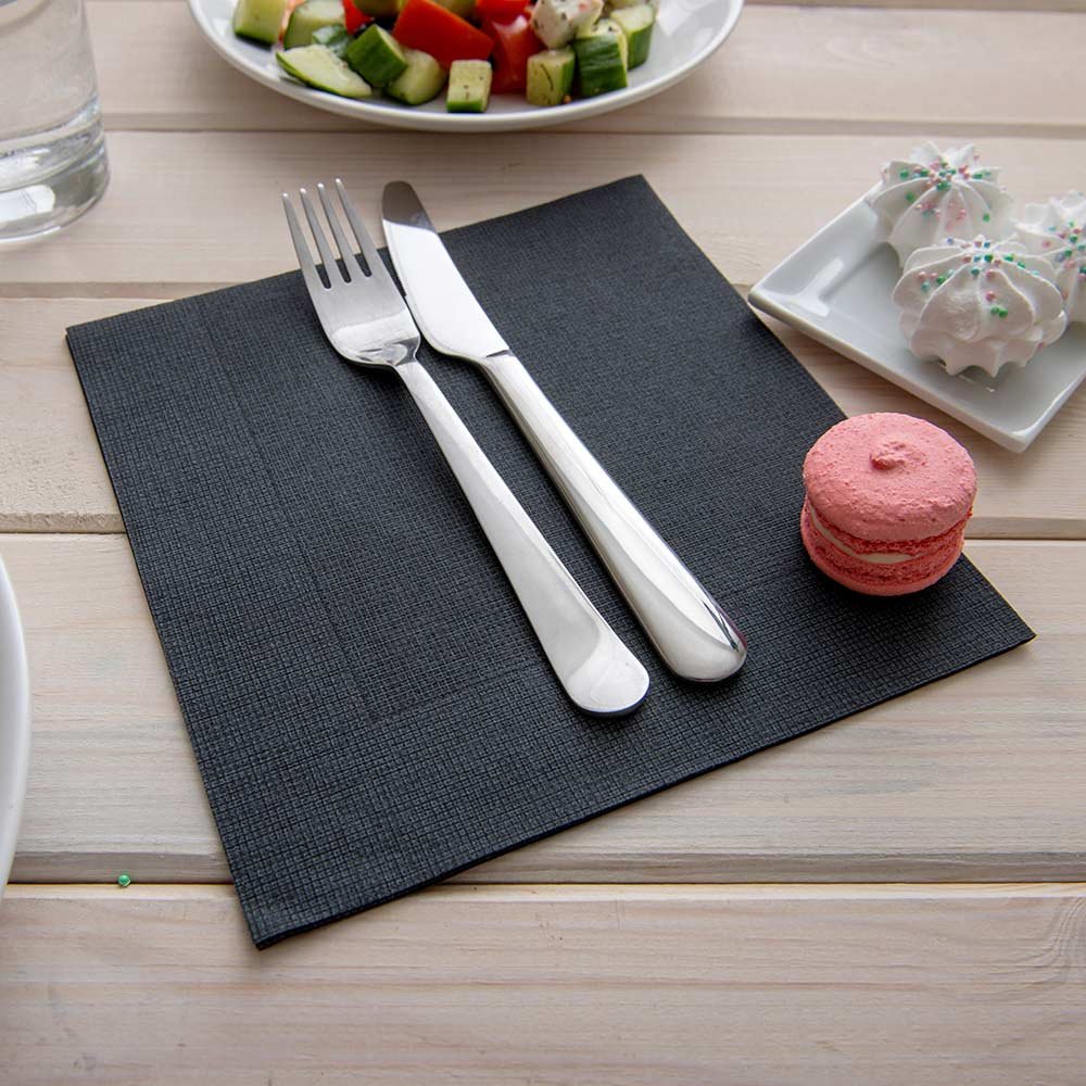 Premium Disposable Napkins 15.75 Inch - 600 Count Soft Linen-Like Paper Napkins | Highly Absorbent Air-Laid Black with White Threads | Pre-Folded for Elegant Dinner Parties, Weddings & Catering Events