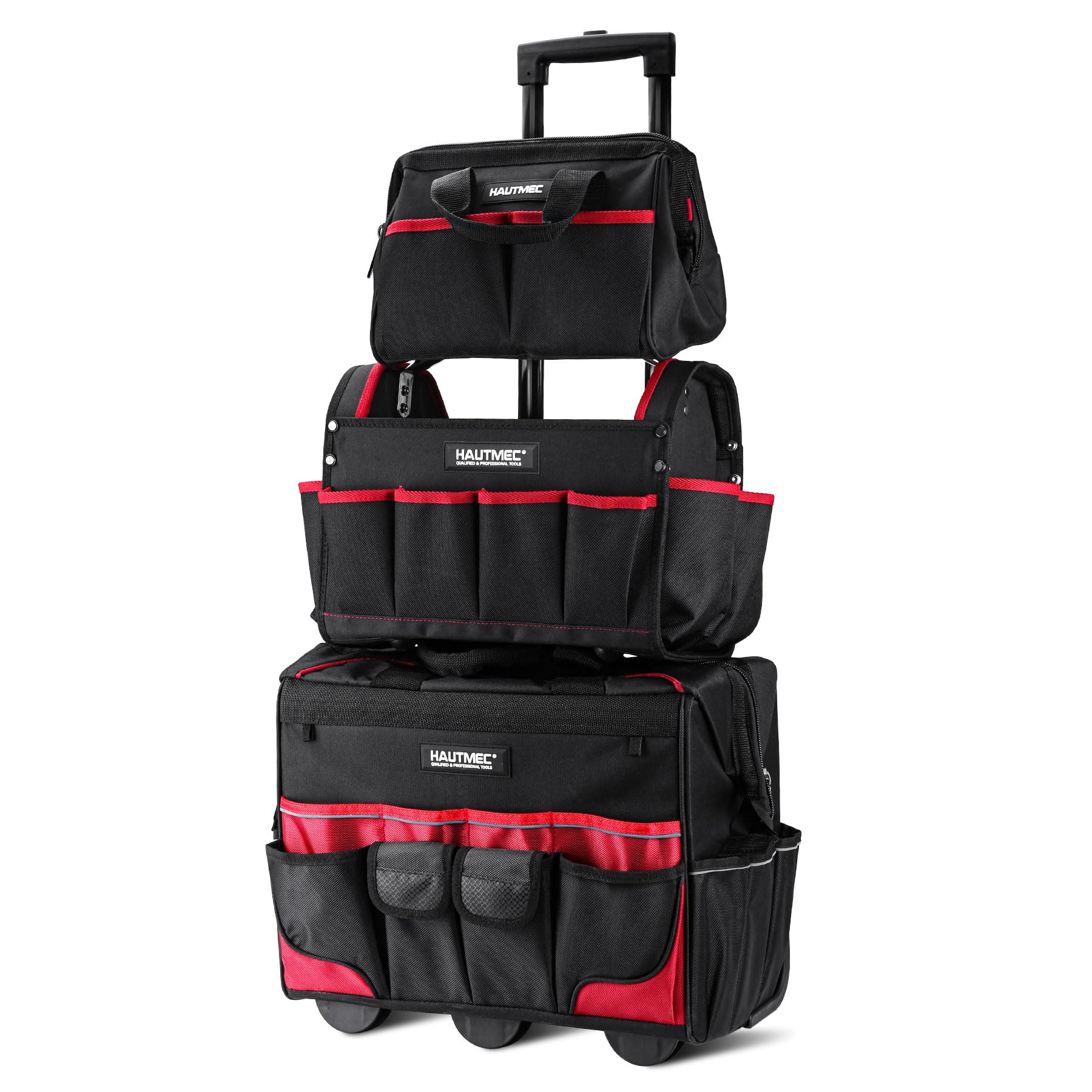 HAUTMEC 3-Piece Rolling Tool Bag Set – 18” Wheeled Tool Bag, 15” Electrician Tool Tote & 12” Wide Mouth Bag, 1680D Water-Resistant Heavy-Duty Portable Tool Storage Organizer – Perfect for Electricians, Contractors & DIY Home Improvement Projects – HT0287
