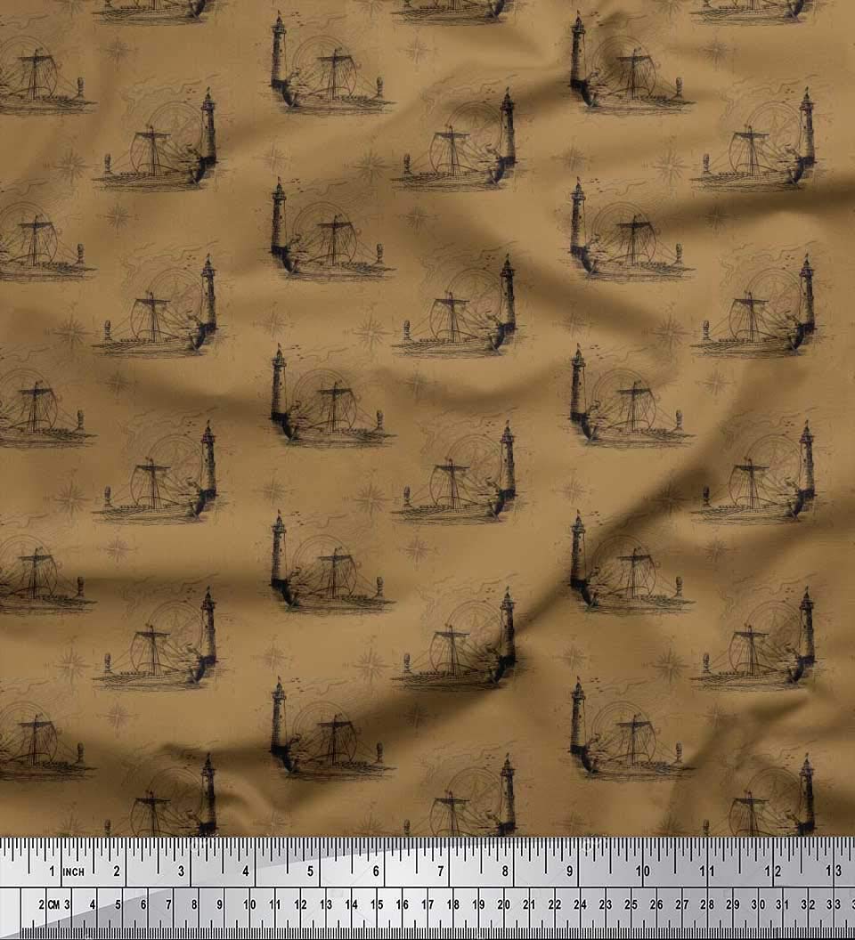 Soimoi Silk Brown Fabric by The Yard - 42 Inch Wide Nautical Printed Textile with Compass, Lighthouse & Yacht Design - Perfect for DIY Upholstery, Curtains, Quilting & Maritime-Themed Home Decor Projects