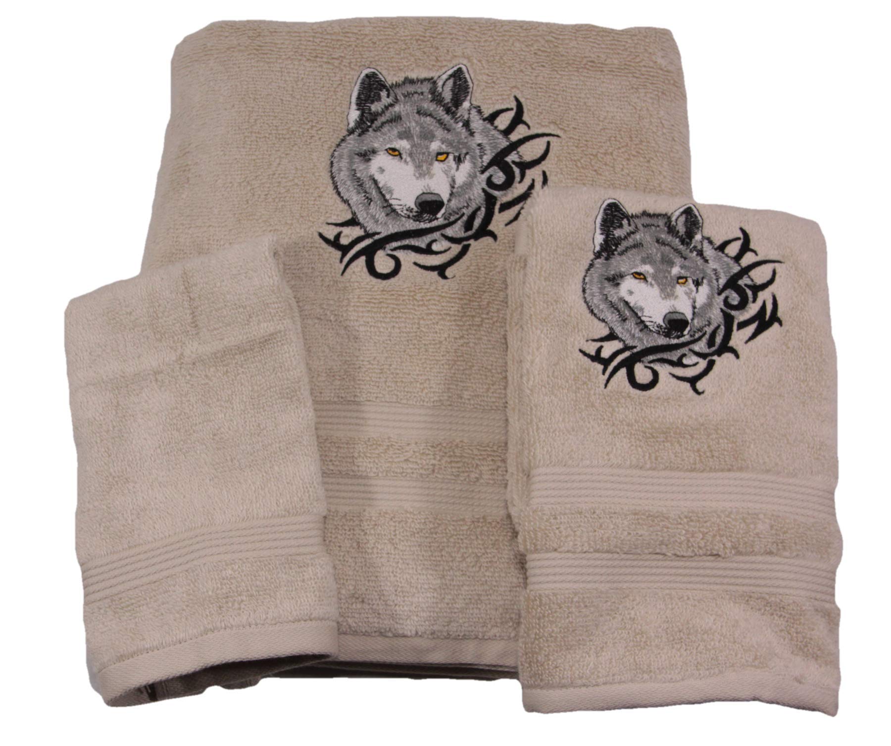 Premium Beige Wolf Head Embroidered Bath Towel Set - Soft & Absorbent Cotton Towels for Spa, Bathroom, and Luxury Home Decor