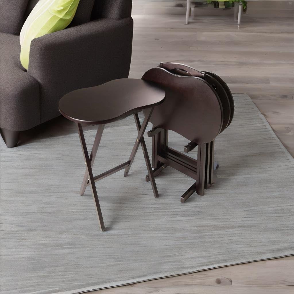 Ergode 5-Piece Wooden Snack Table Set - Dark Brown Folding Side Tables with X-Frame Base & Upright Stand, Easy to Assemble - Perfect for Living Room, Patio, Outdoor Entertaining & Small Space Decor